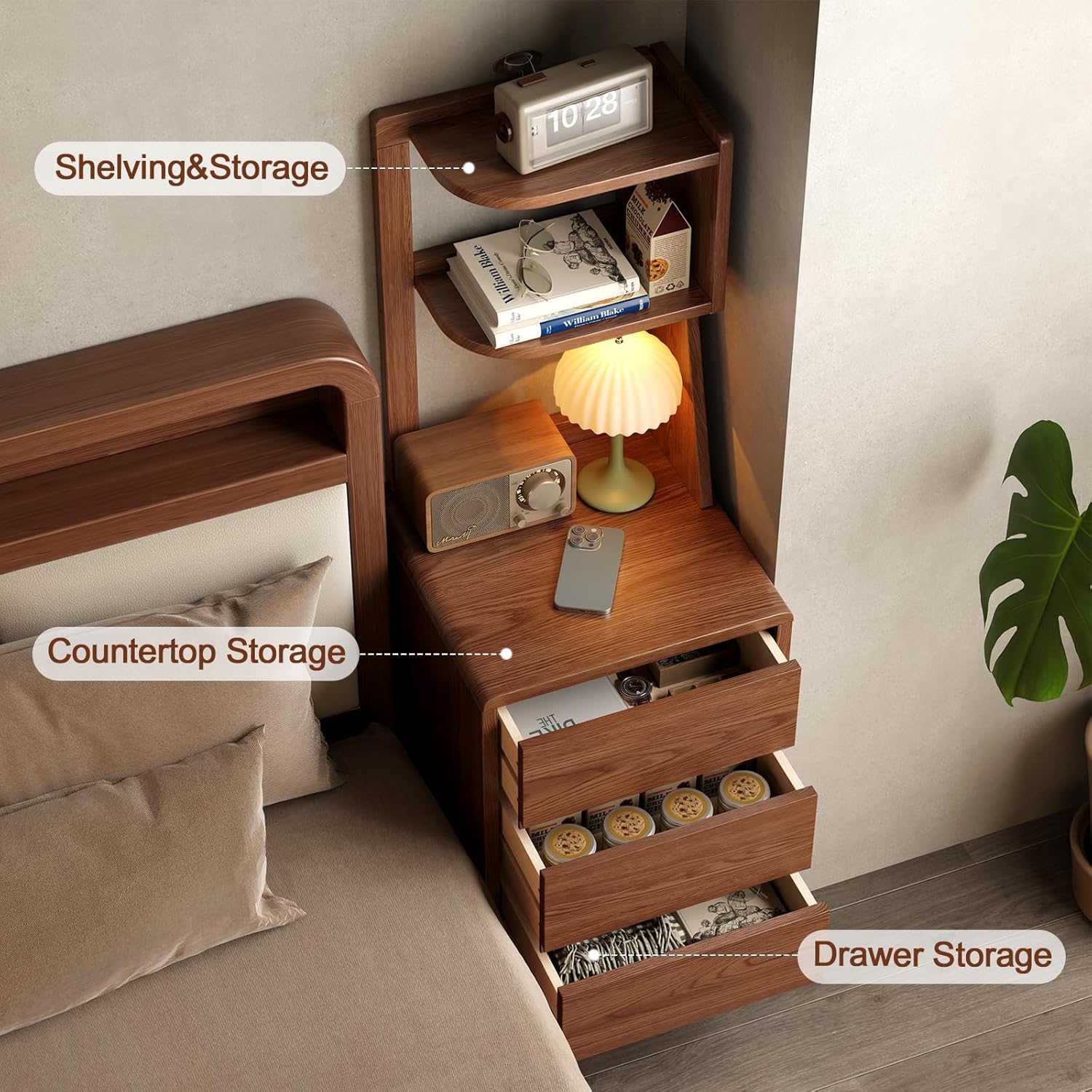Solid Wood Bookshelf with Drawers,Narrow bookcase with Storage Shelves,Tall Nightstand with Drawers,Mid Century Modern Nightstand,Open Shelf Bookcase,Small Book Shelf for Bedroom,Living Room,Offices