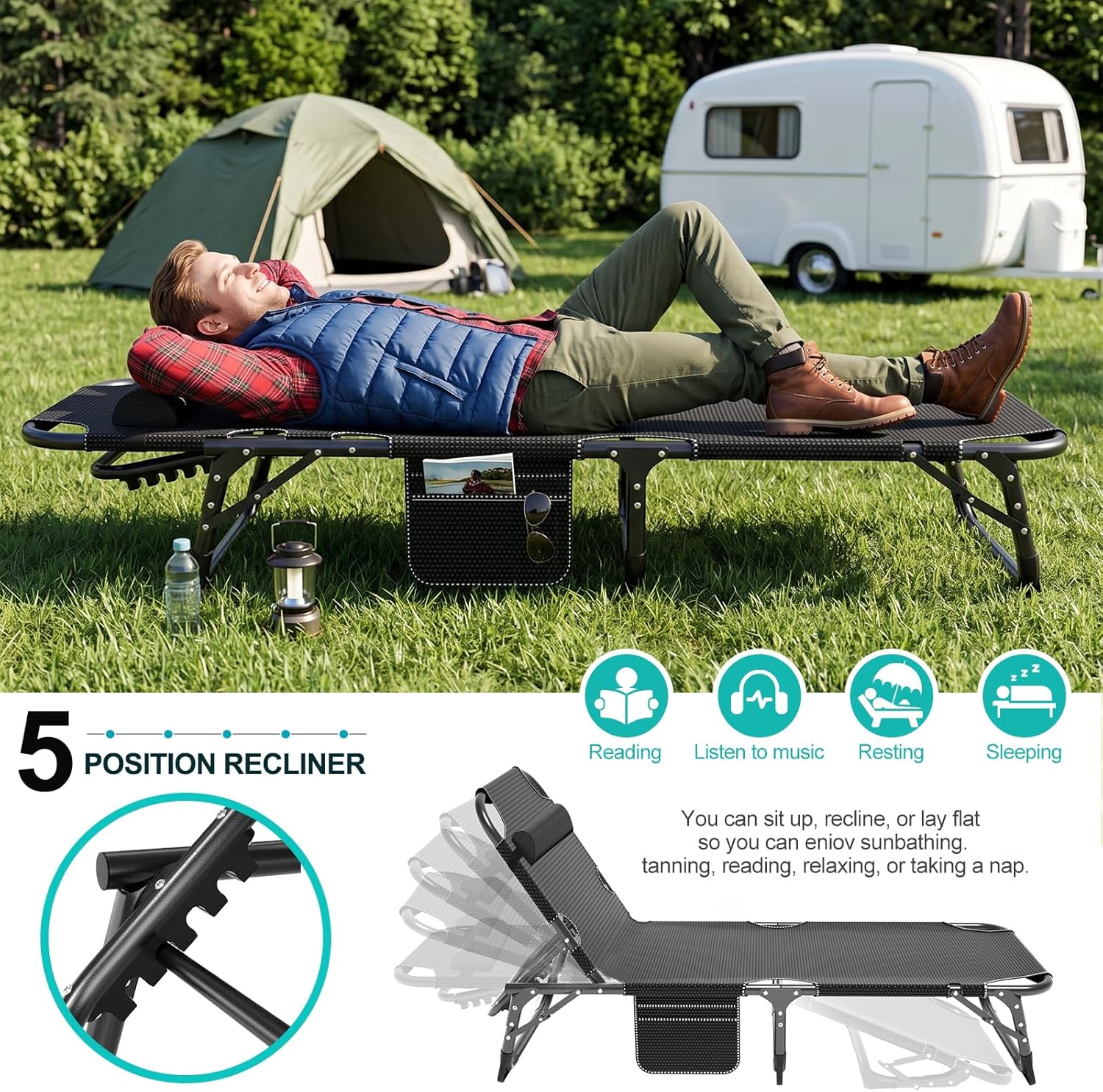 3-in-1 Padded Folding Lounge Chair, 440LB Adjustable Recliner Guest Bed for Patio Camping Office
