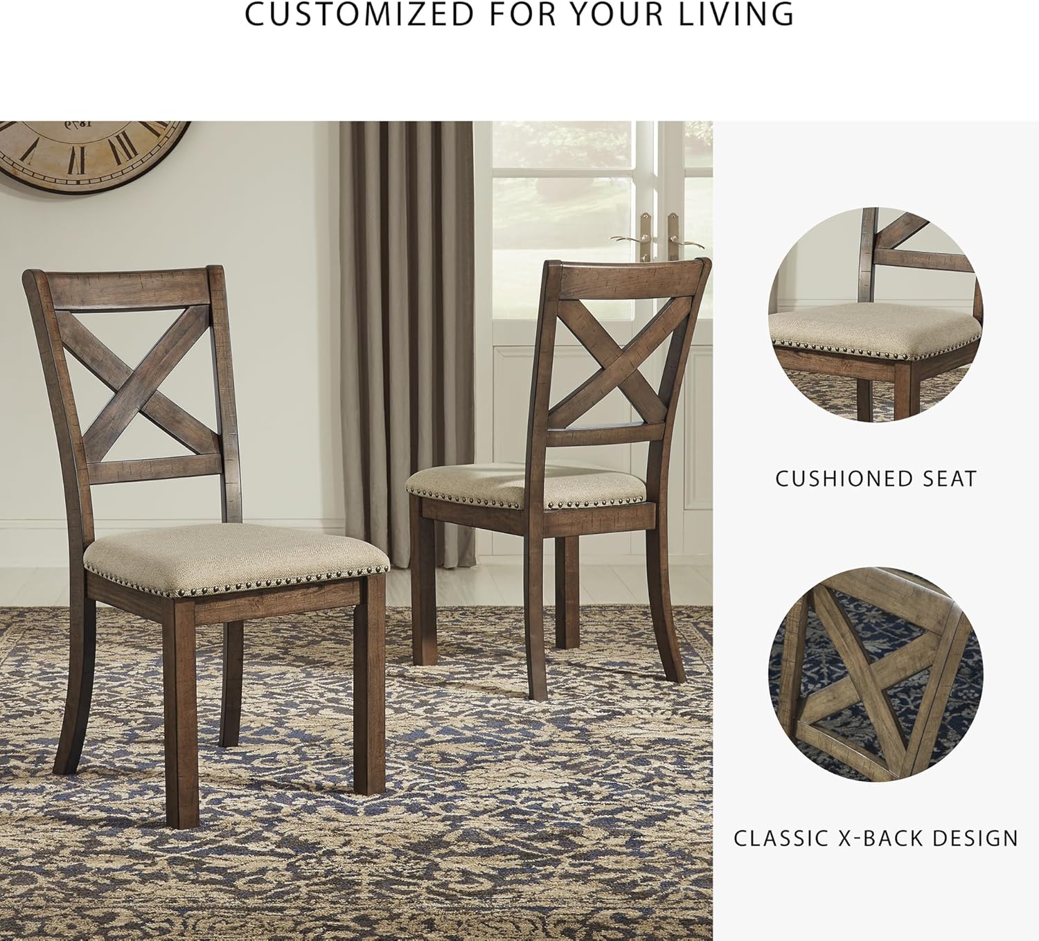 Set of 2 Brown Upholstered Farmhouse Dining Chairs, 19 Inch