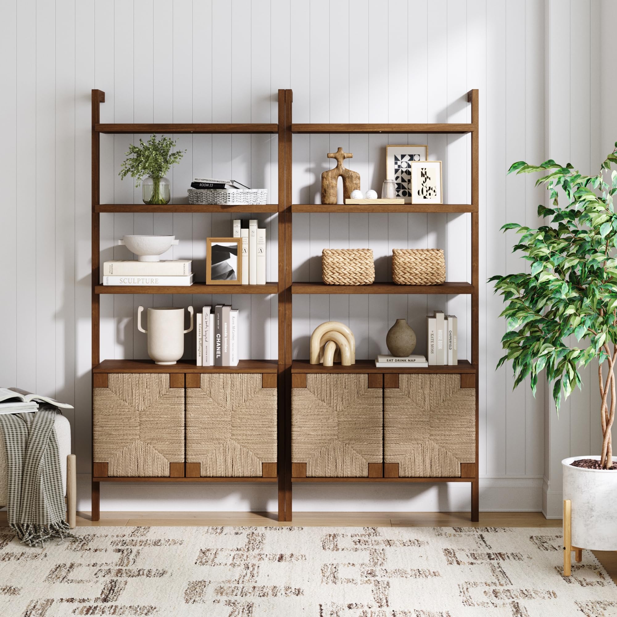 5-Tier Warm Pine Solid Wood Wall Mounted Bohemian Bookshelf