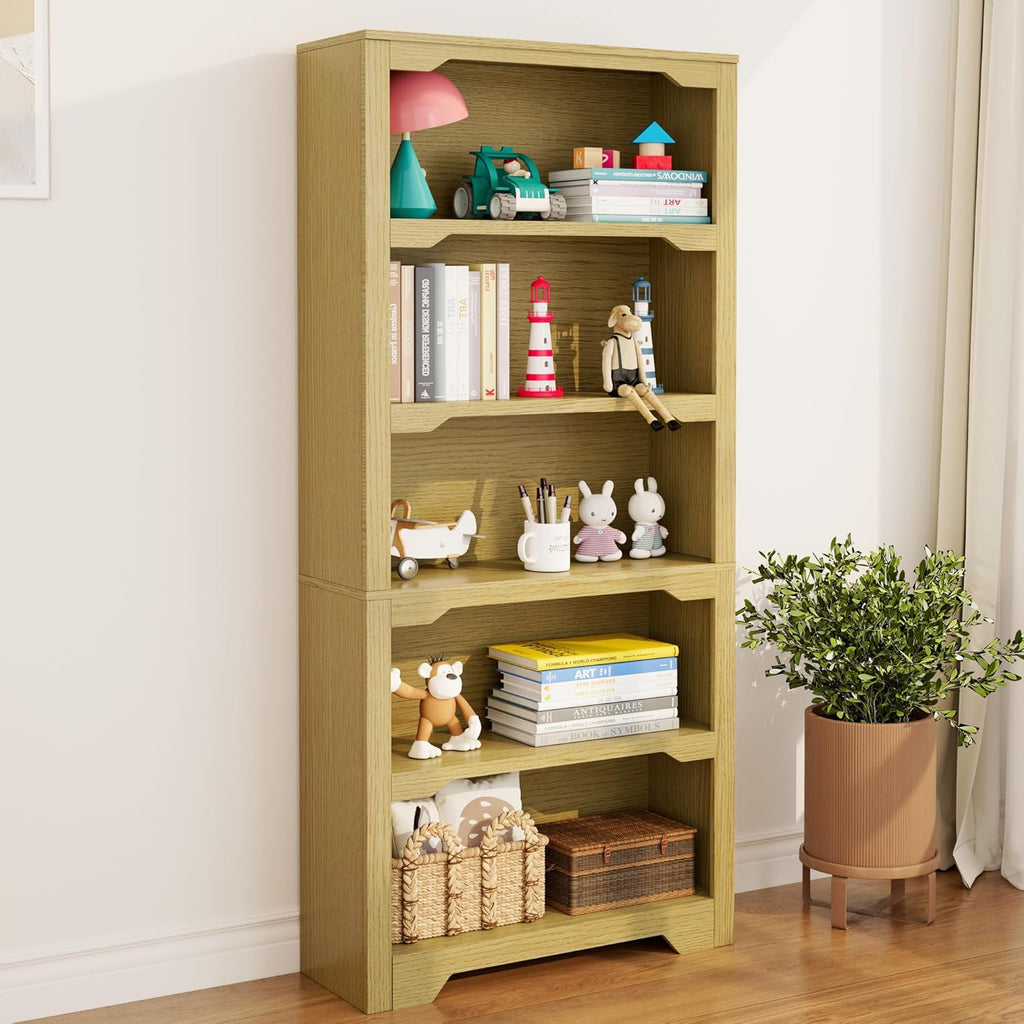5-Tier Open Bookshelf, Modern Floor-Standing Wood Bookcase in White Oak Finish, Eco-Friendly Malacca Board Storage Display Shelves for Living Room and Home Office