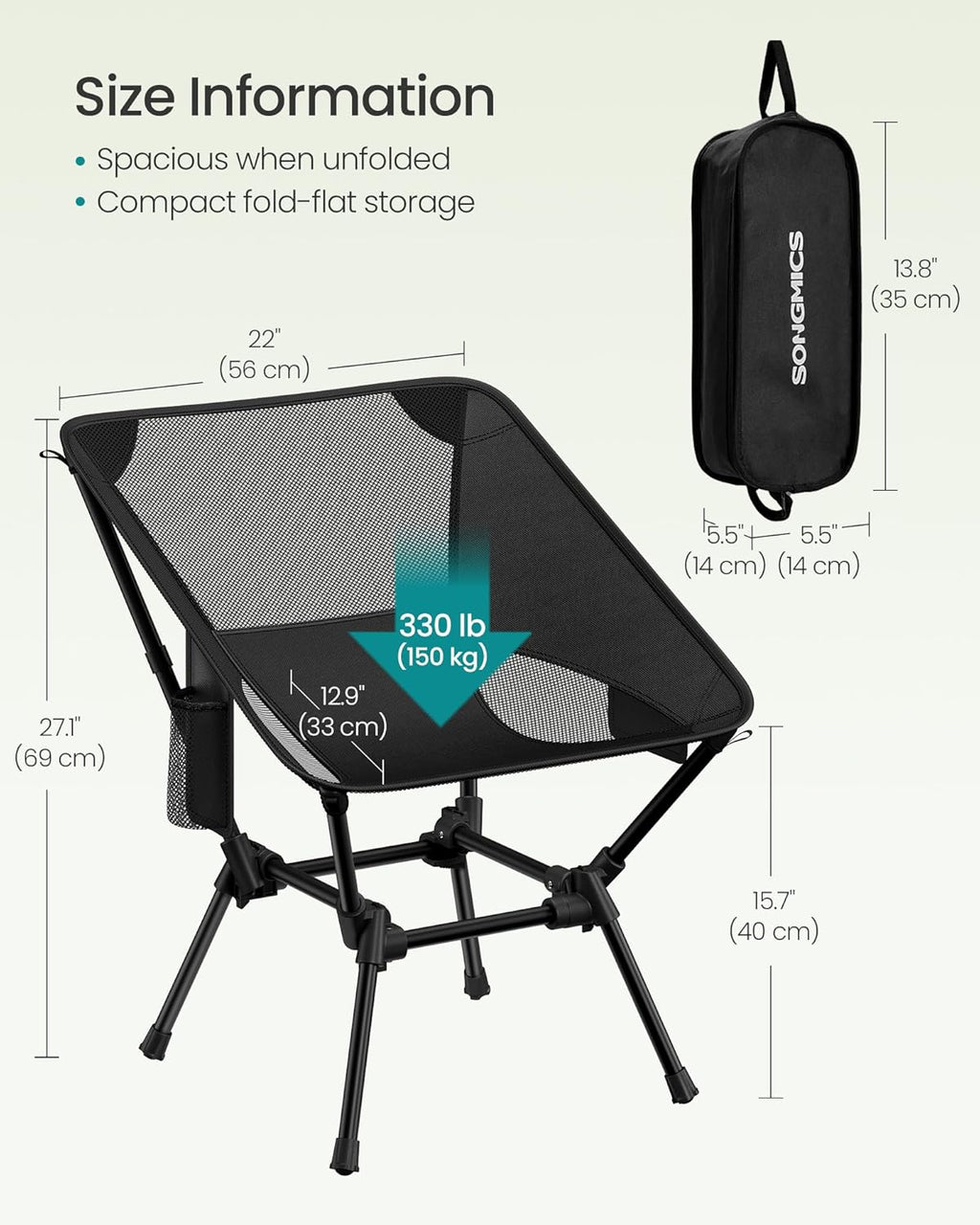 SONGMICS Camping Chair, Lightweight Folding Beach Chair, Adjustable Height, Steel Frame, Portable for Outdoor Travel