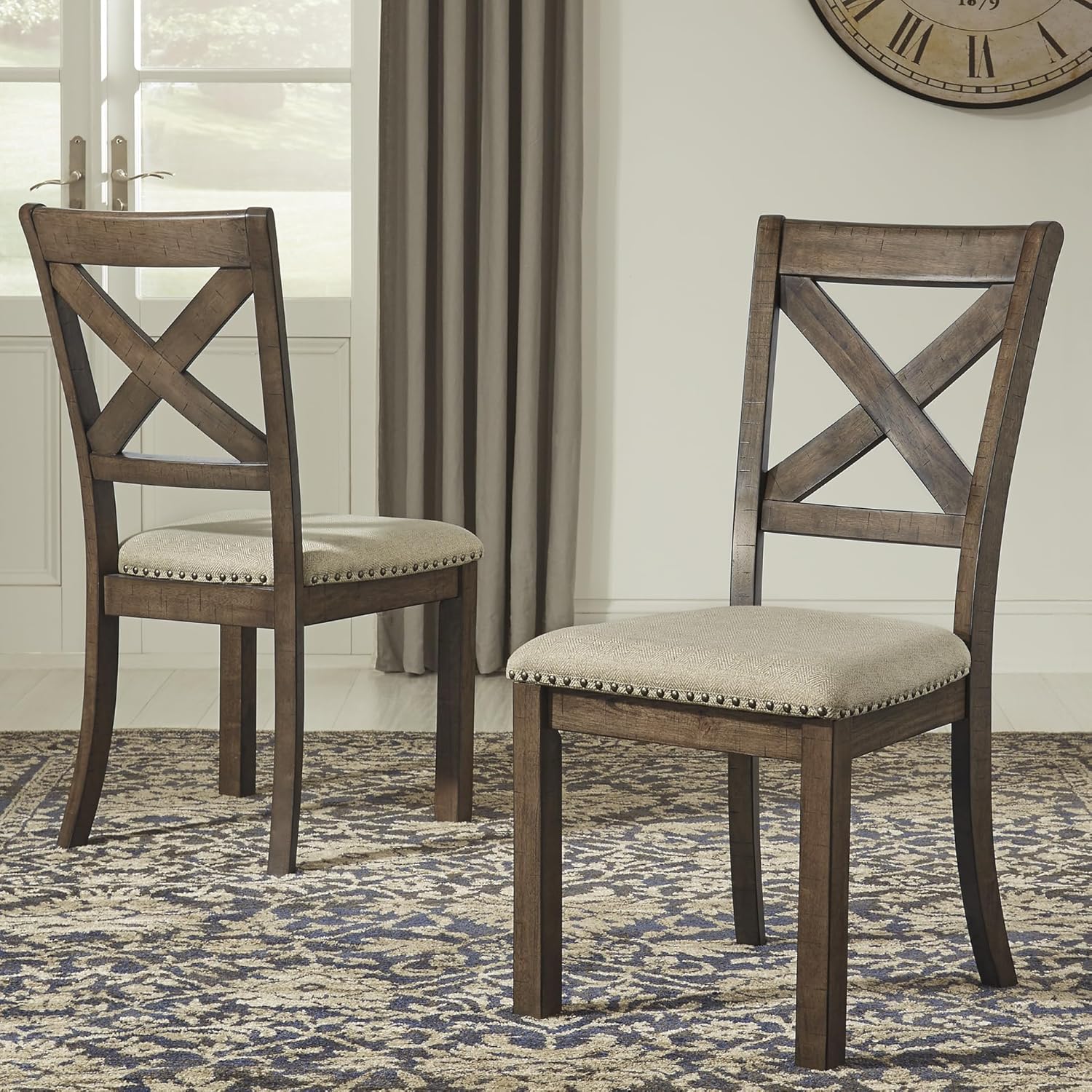 Set of 2 Brown Upholstered Farmhouse Dining Chairs, 19 Inch