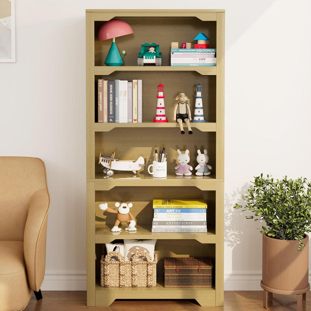 5-Tier Open Bookshelf, Modern Floor-Standing Wood Bookcase in White Oak Finish, Eco-Friendly Malacca Board Storage Display Shelves for Living Room and Home Office