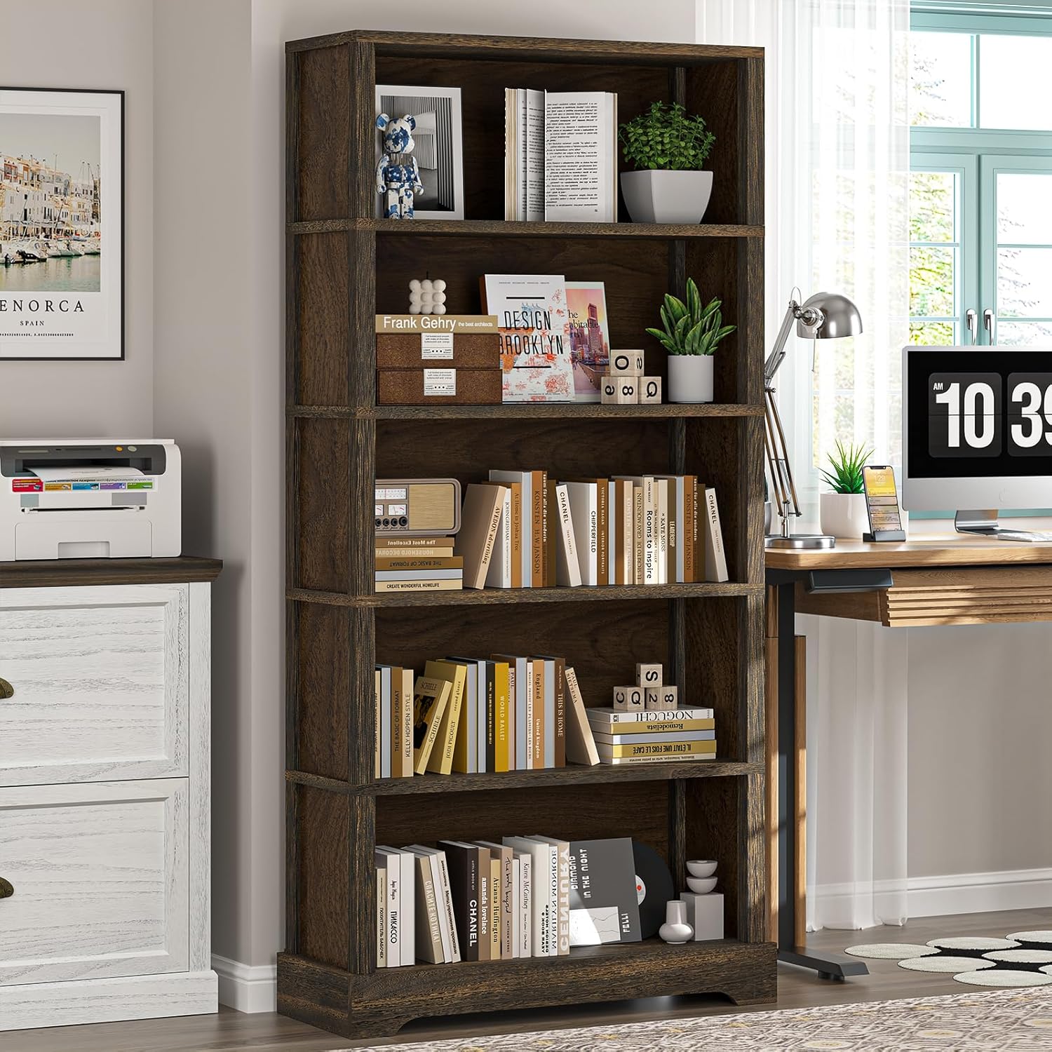 TVU 5-Tier Solid Wood Book Shelf, Floor Standing Bookcase, 65" H × 31.5" W × 11.8" D Bookshelf, Farmhouse Style Book Case with Arched Base, Suitable for Living Room, Study, Office, Walnut