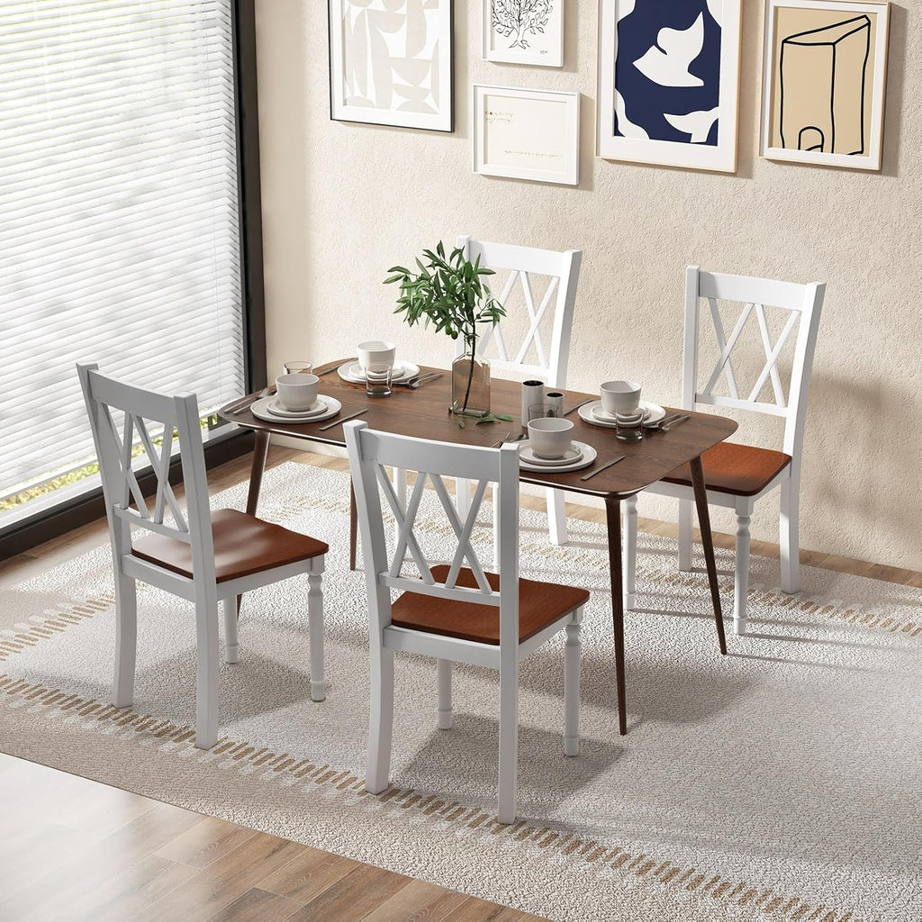 Giantex Dining Room Chairs Set of 2 White, Wooden Farmhouse Kitchen Chairs with Rubber Wood Seat, Acacia Wood Legs, Max Load 360 Lbs, Heavy Duty Wood Armless Dining Chairs with High Back