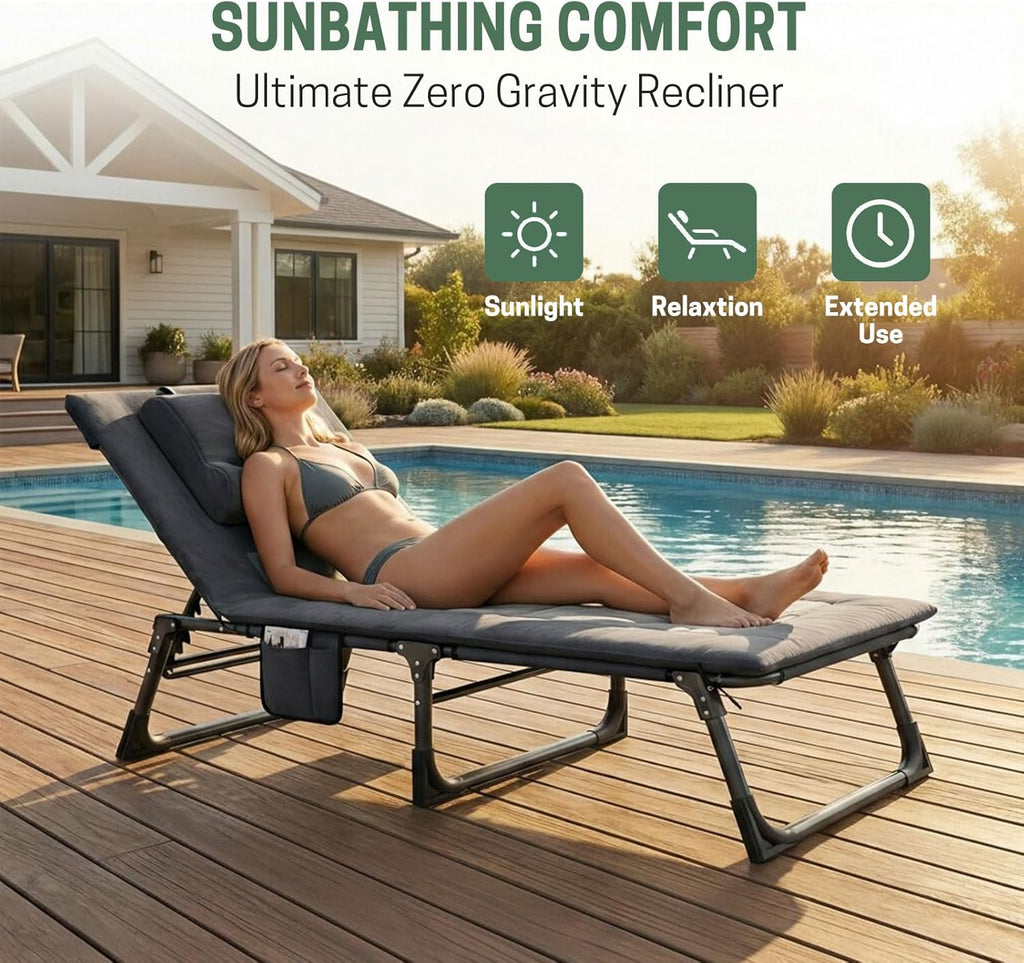 Mopaicot Folding Camping Cot for Adults, Adjustable 4-Position Reclining Chair with Mattress and Pillow, Lounge Chair Camp Cots Bed for Sleeping, Travel, Garden, Pool, or Office Nap (Gray)