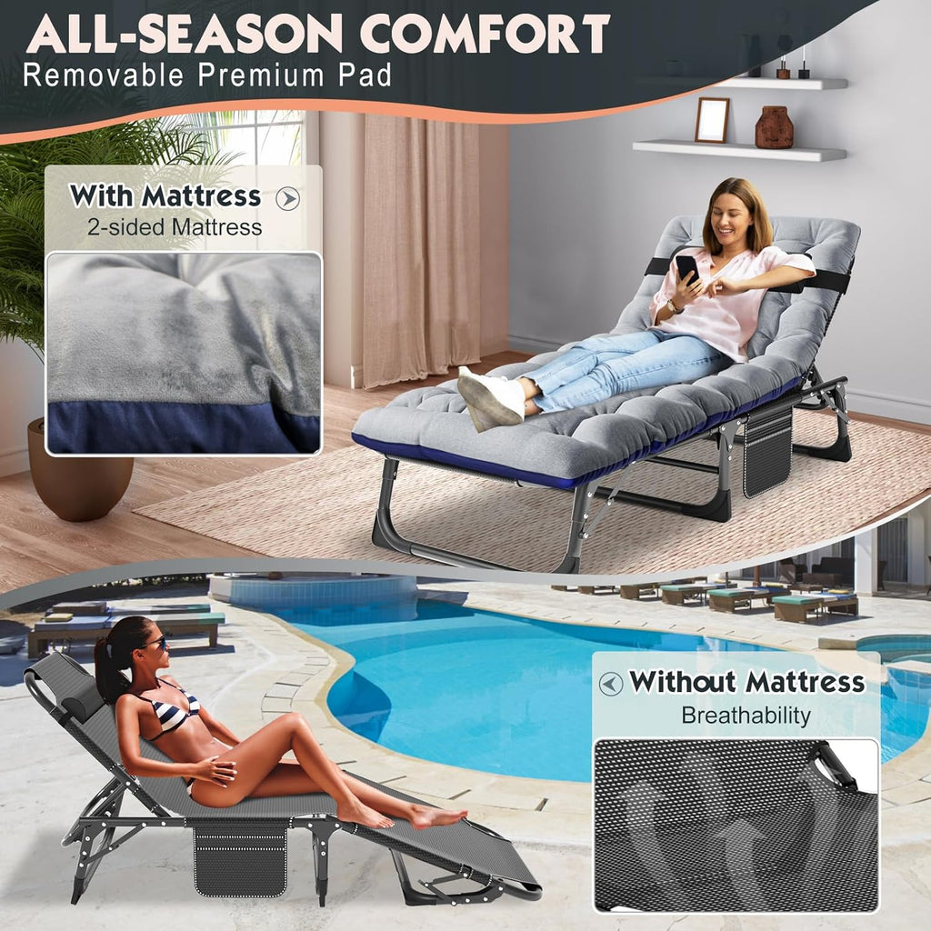5-Position Folding Chaise Lounge Chair, Portable Outdoor Recliner for Beach Pool Patio