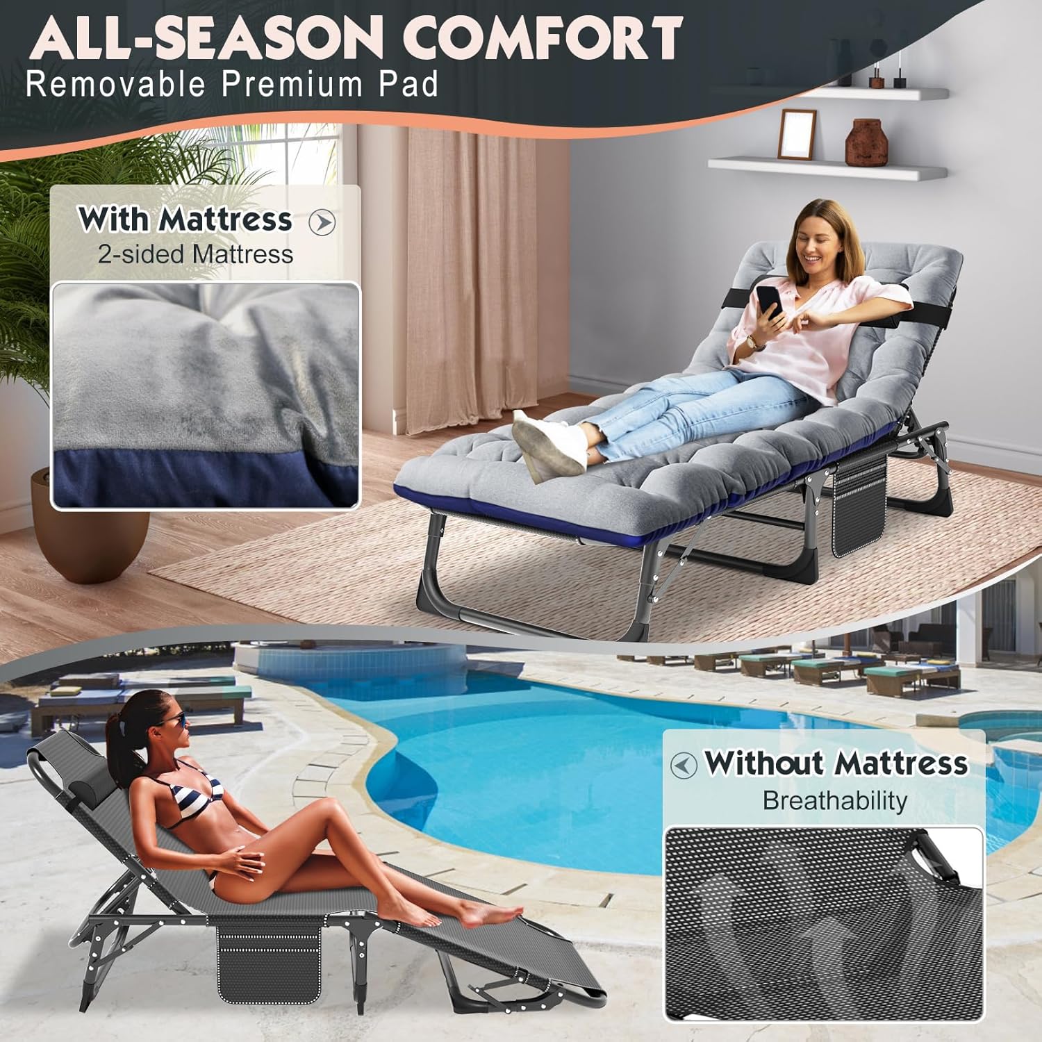 5-Position Folding Chaise Lounge Chair, Portable Outdoor Recliner for Beach Pool Patio