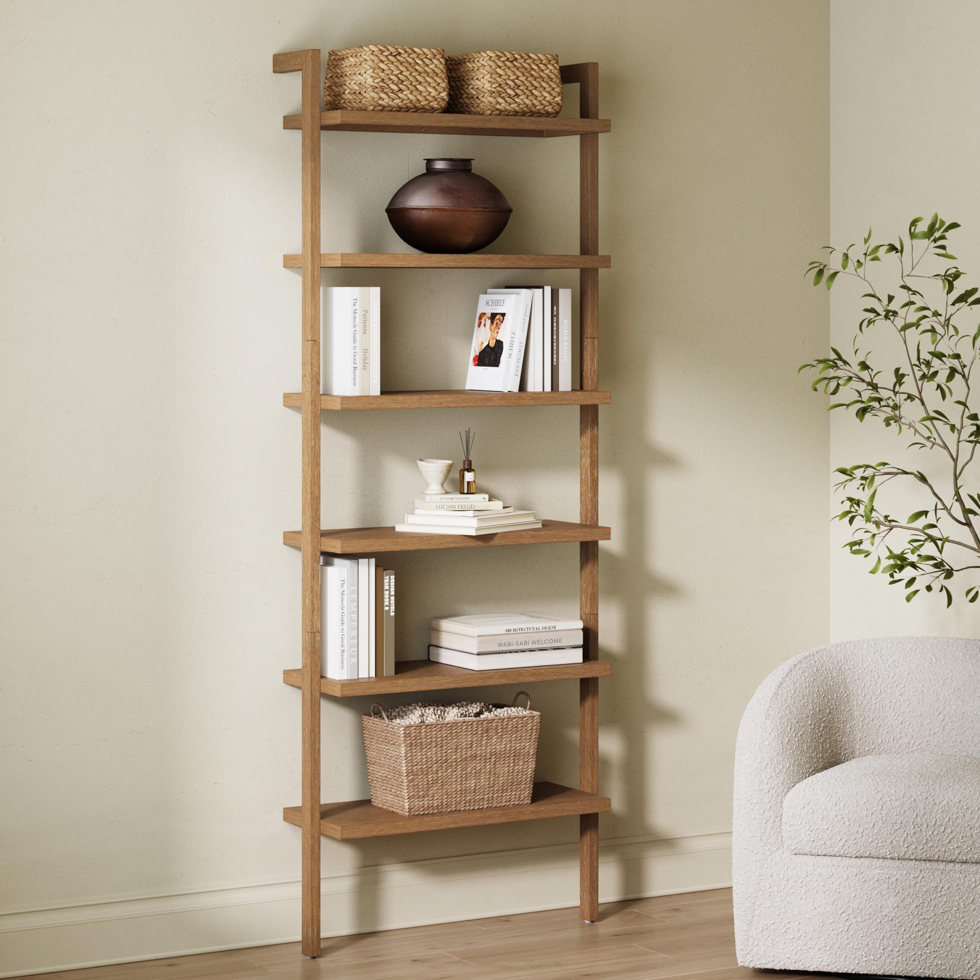 5-Tier Warm Pine Solid Wood Wall Mounted Bohemian Bookshelf