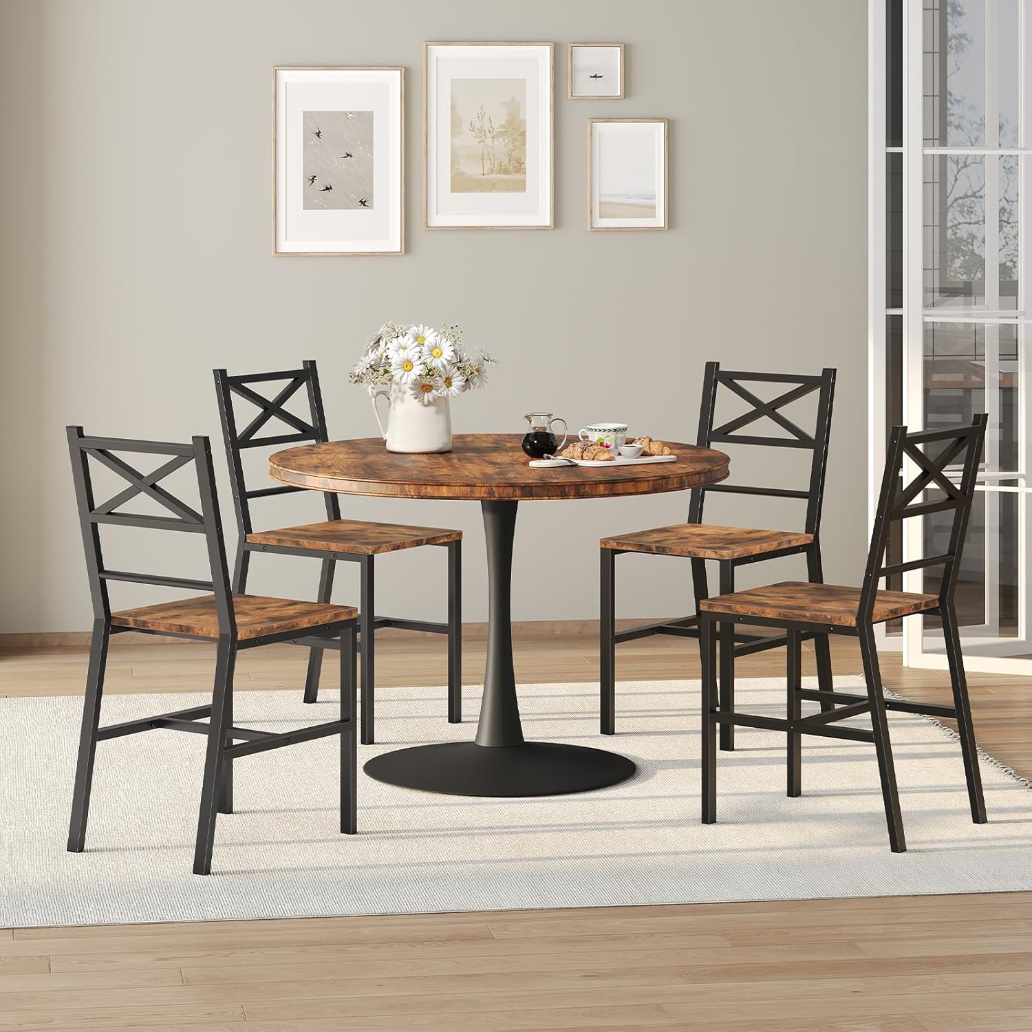 MAHANCRIS Dining Chair Set of 2, Rustic Wooden Kitchen Chairs with Backrest, Farmhouse Dining Chairs for Kitchen, Industrial Style Chair with Metal Frame, Easy Assembly, Rustic Brown TBHR1001