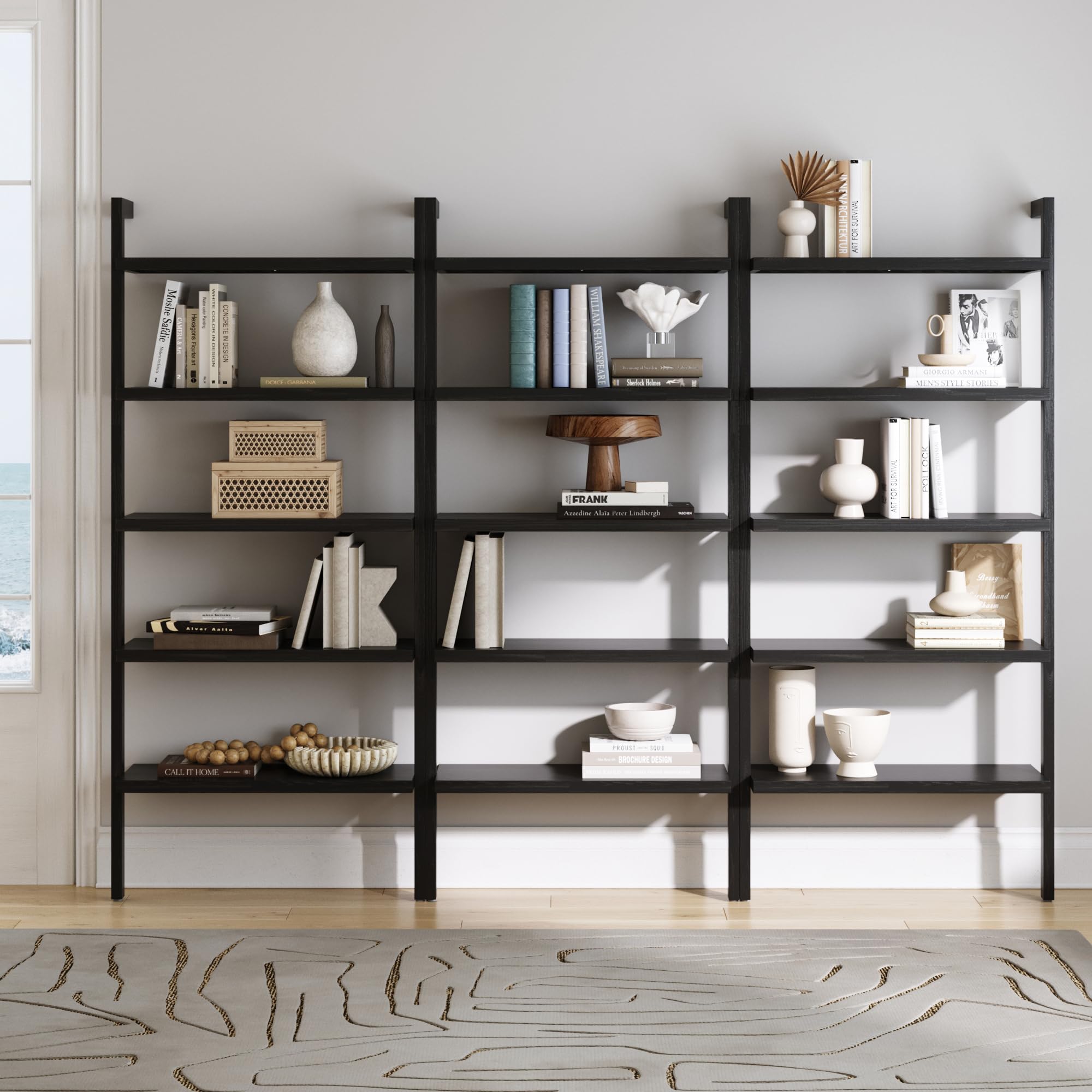 5-Tier Warm Pine Solid Wood Wall Mounted Bohemian Bookshelf