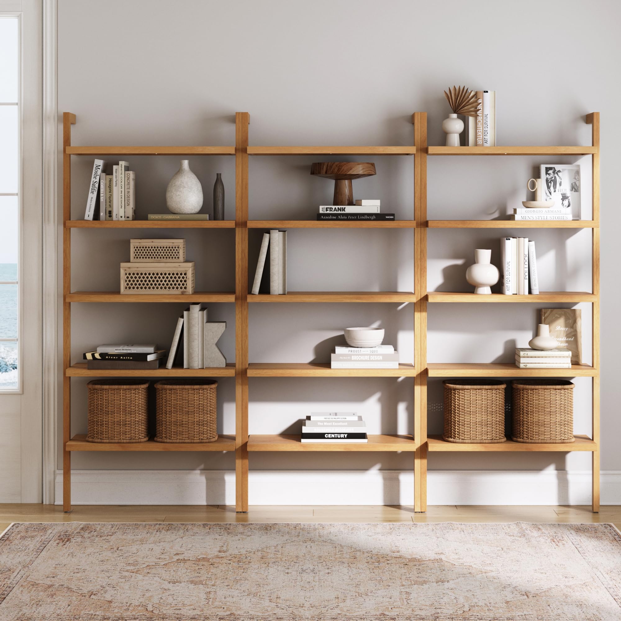 5-Tier Warm Pine Solid Wood Wall Mounted Bohemian Bookshelf