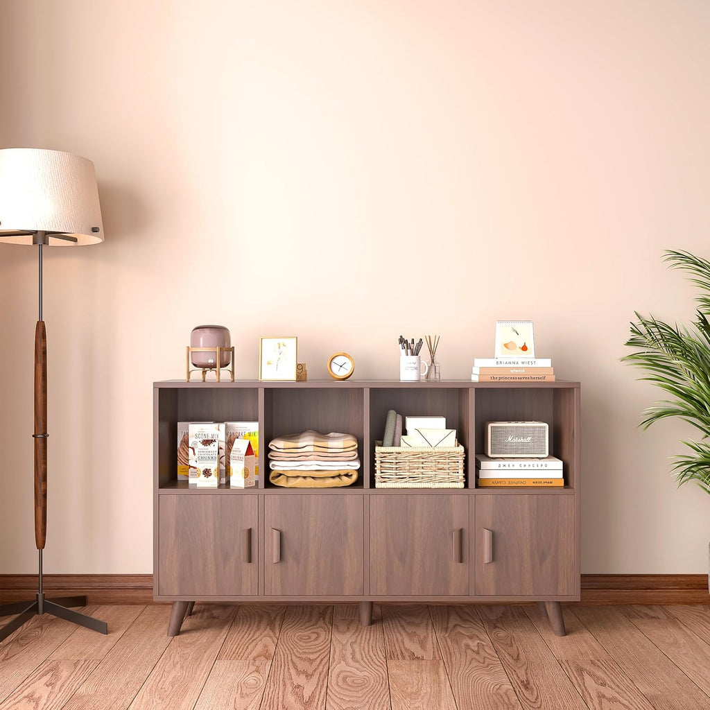 OSCHF Cubby Shelf Bookcase with Doors - Wooden 8 Cubes Floor Standing Open Bookshelf with Solid Wood Legs, 2-Tier Low Storage Cabinet, Walnut