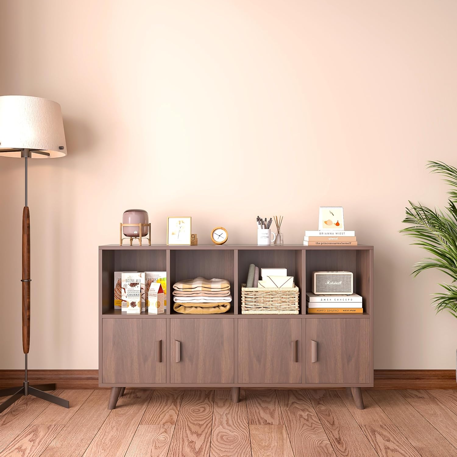 OSCHF Cubby Shelf Bookcase with Doors - Wooden 8 Cubes Floor Standing Open Bookshelf with Solid Wood Legs, 2-Tier Low Storage Cabinet, Walnut