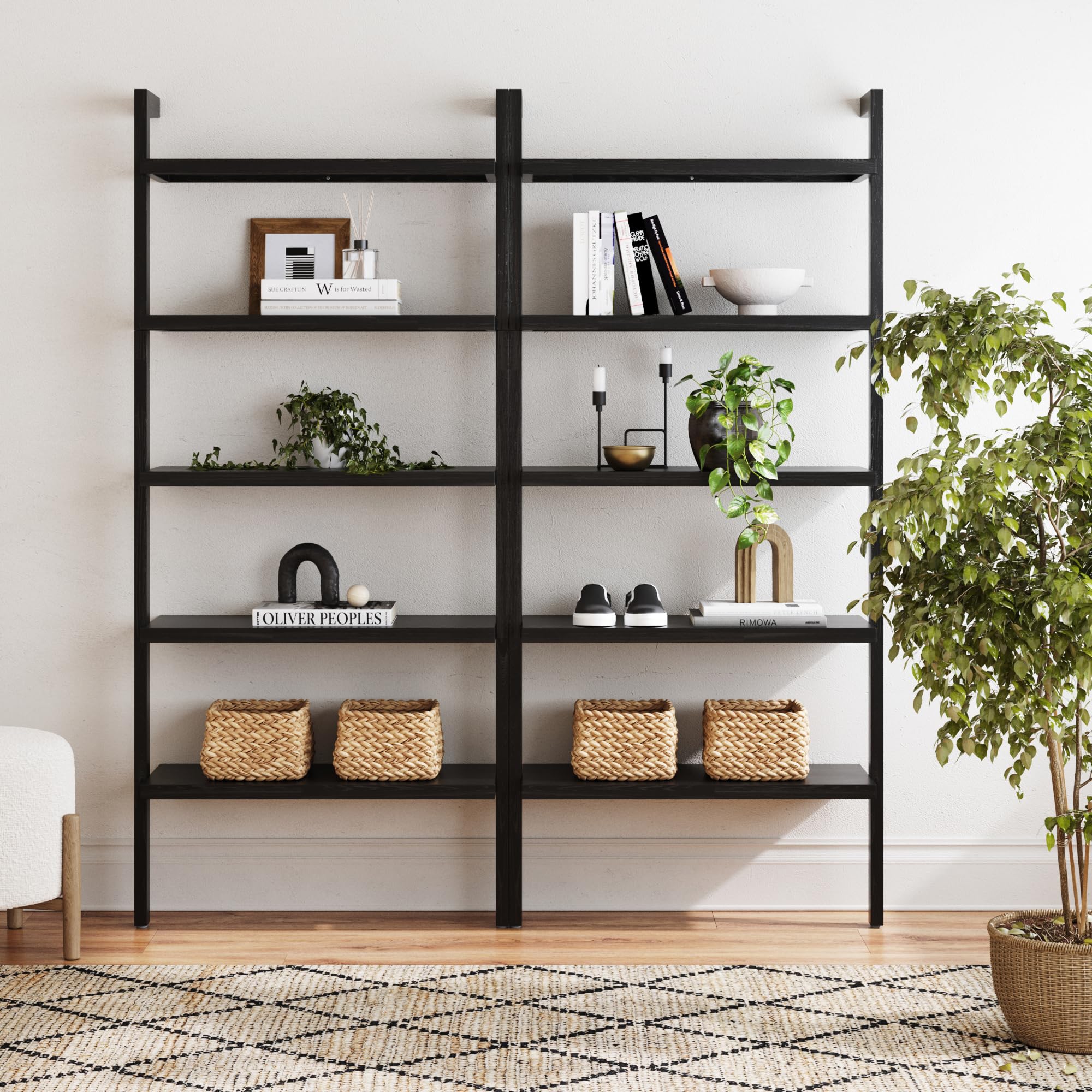 5-Tier Warm Pine Solid Wood Wall Mounted Bohemian Bookshelf