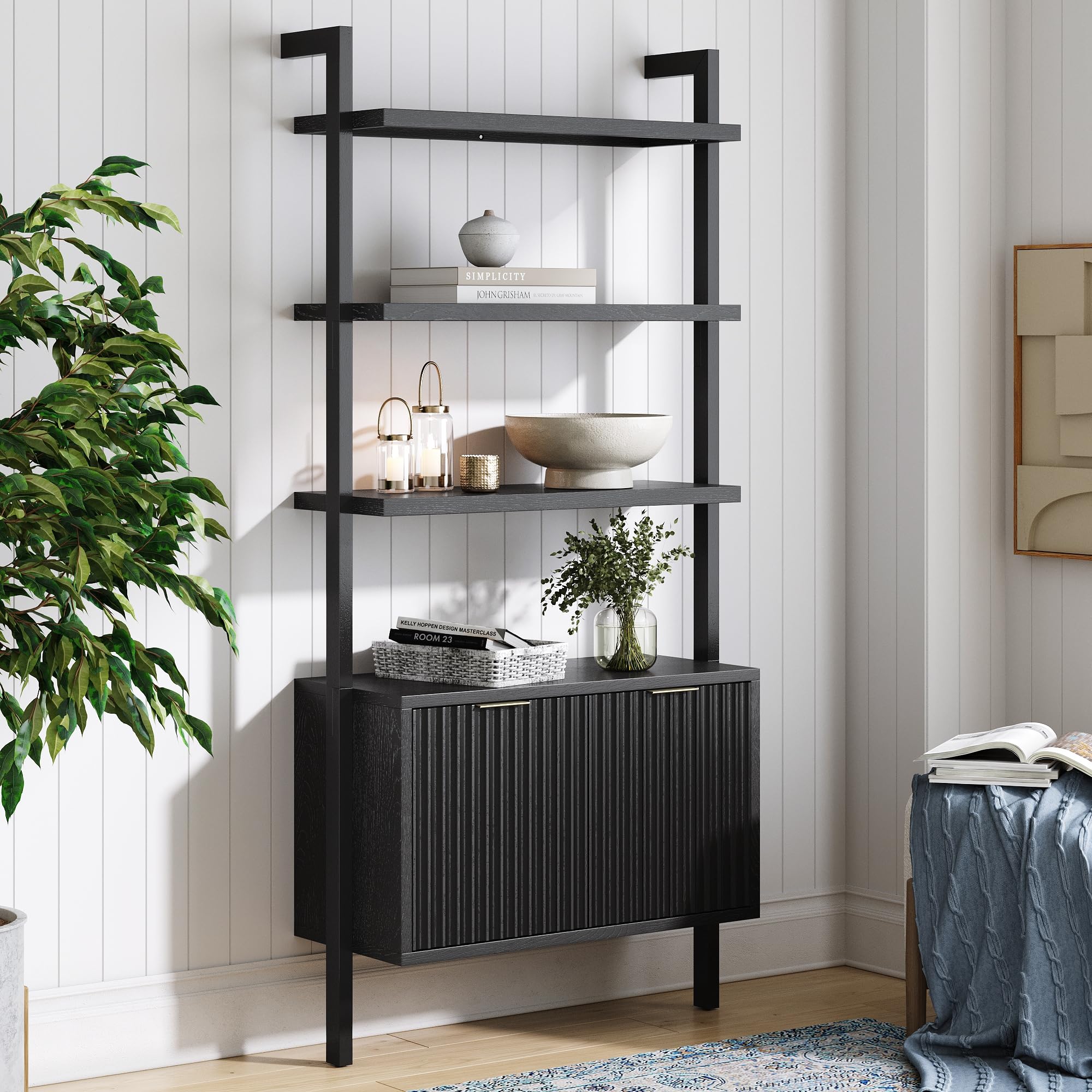 5-Tier Warm Pine Solid Wood Wall Mounted Bohemian Bookshelf