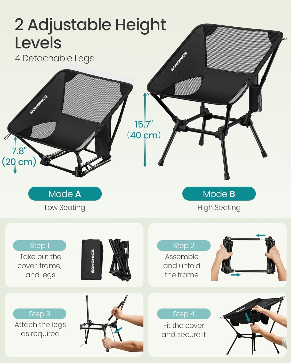 SONGMICS Camping Chair, Lightweight Folding Beach Chair, Adjustable Height, Steel Frame, Portable for Outdoor Travel