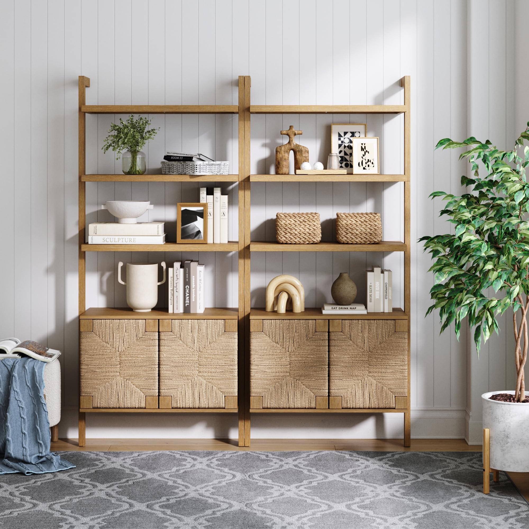 5-Tier Warm Pine Solid Wood Wall Mounted Bohemian Bookshelf