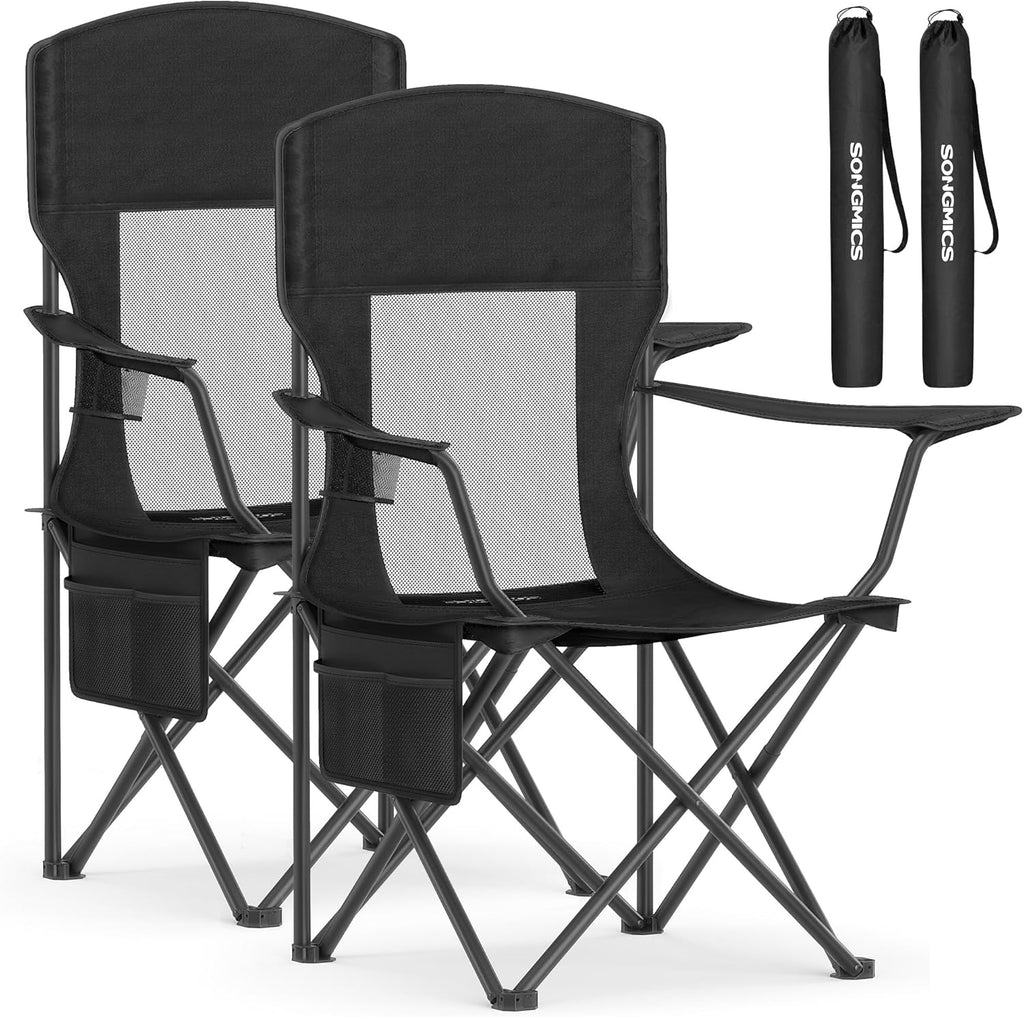 Set of 2 Black Foldable High Back Camping Chairs 330LB with Cup Holder