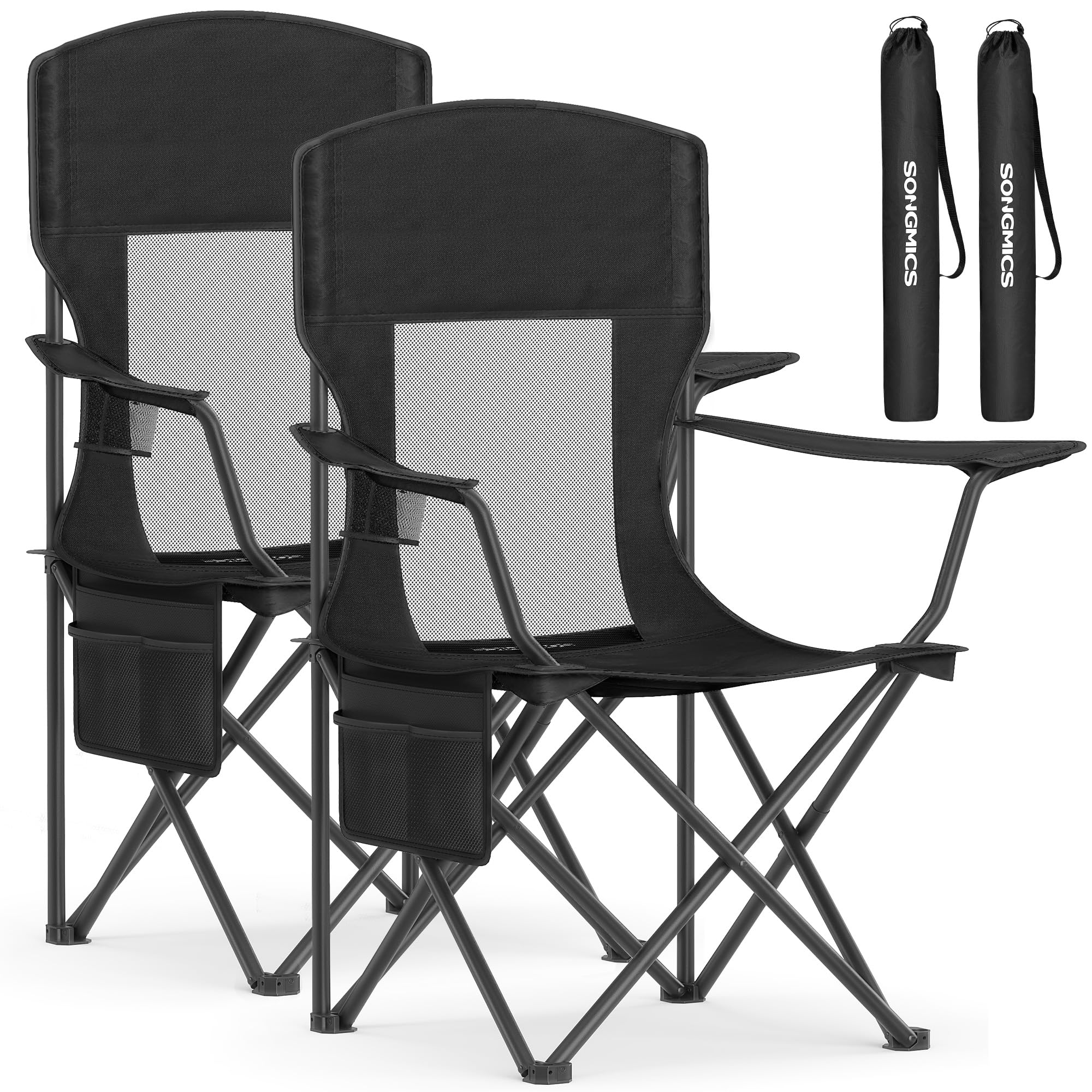 Set of 2 Black Foldable High Back Camping Chairs 330LB with Cup Holder
