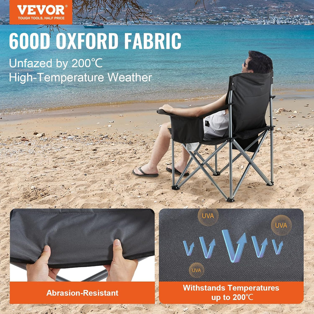 VEVOR Oversized Camping Folding Chair, Portable Heavy Duty Outdoor Quad Lumbar Back Padded with Side Pockets, Cup Holder and Cooler Bag for Beach, Lawn, Picnic, Fishing, Backpacking, Black