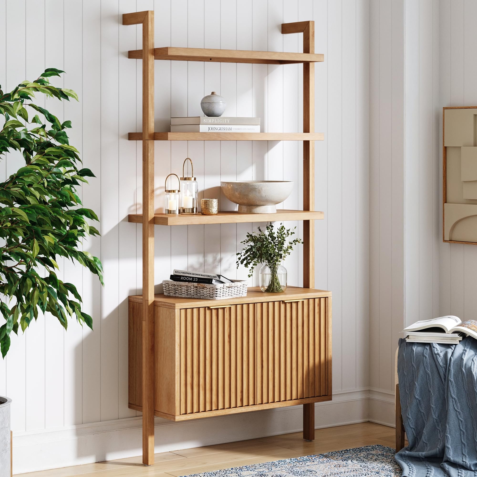 5-Tier Warm Pine Solid Wood Wall Mounted Bohemian Bookshelf