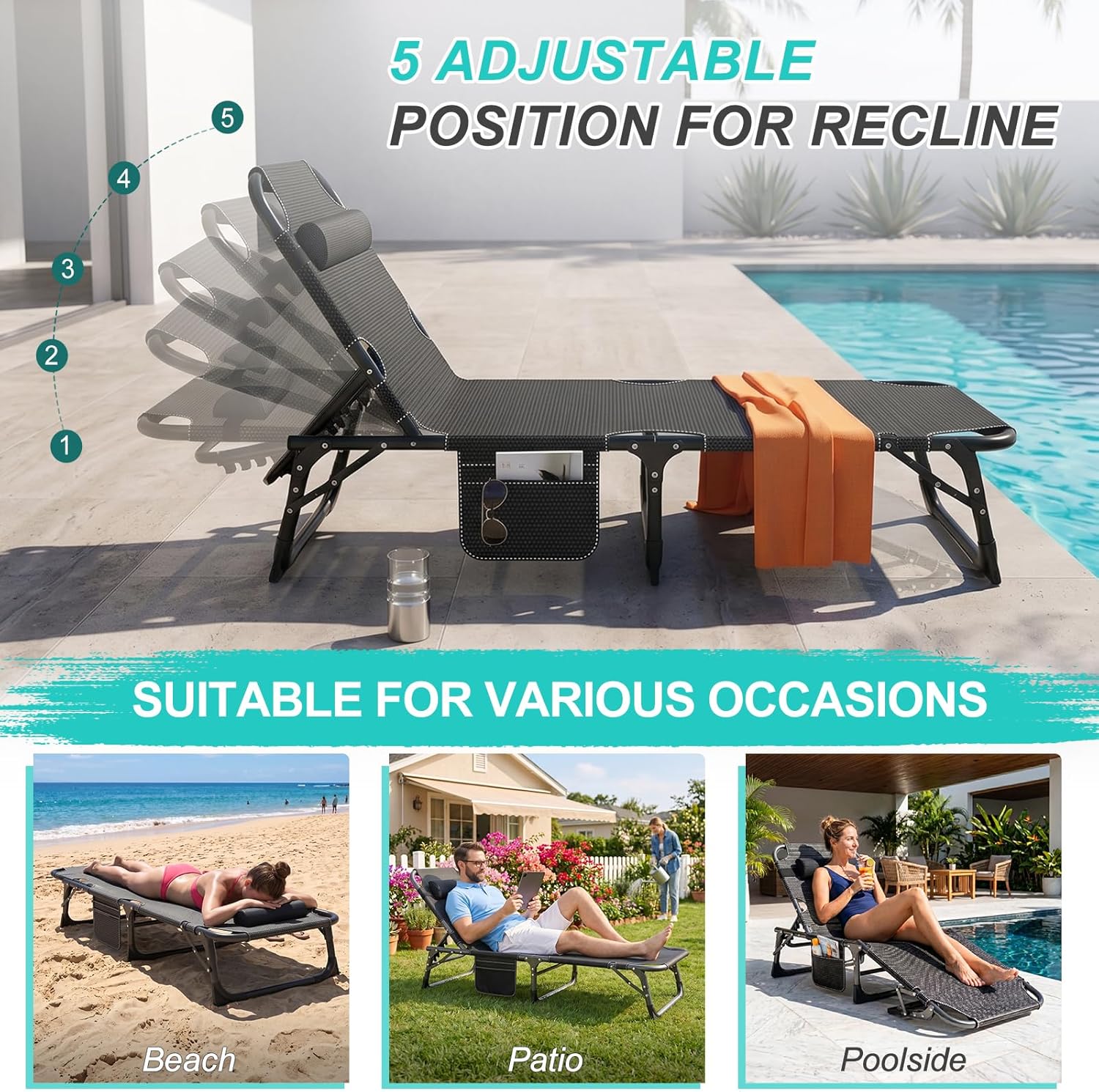 3-in-1 Padded Folding Lounge Chair, 440LB Adjustable Recliner Guest Bed for Patio Camping Office