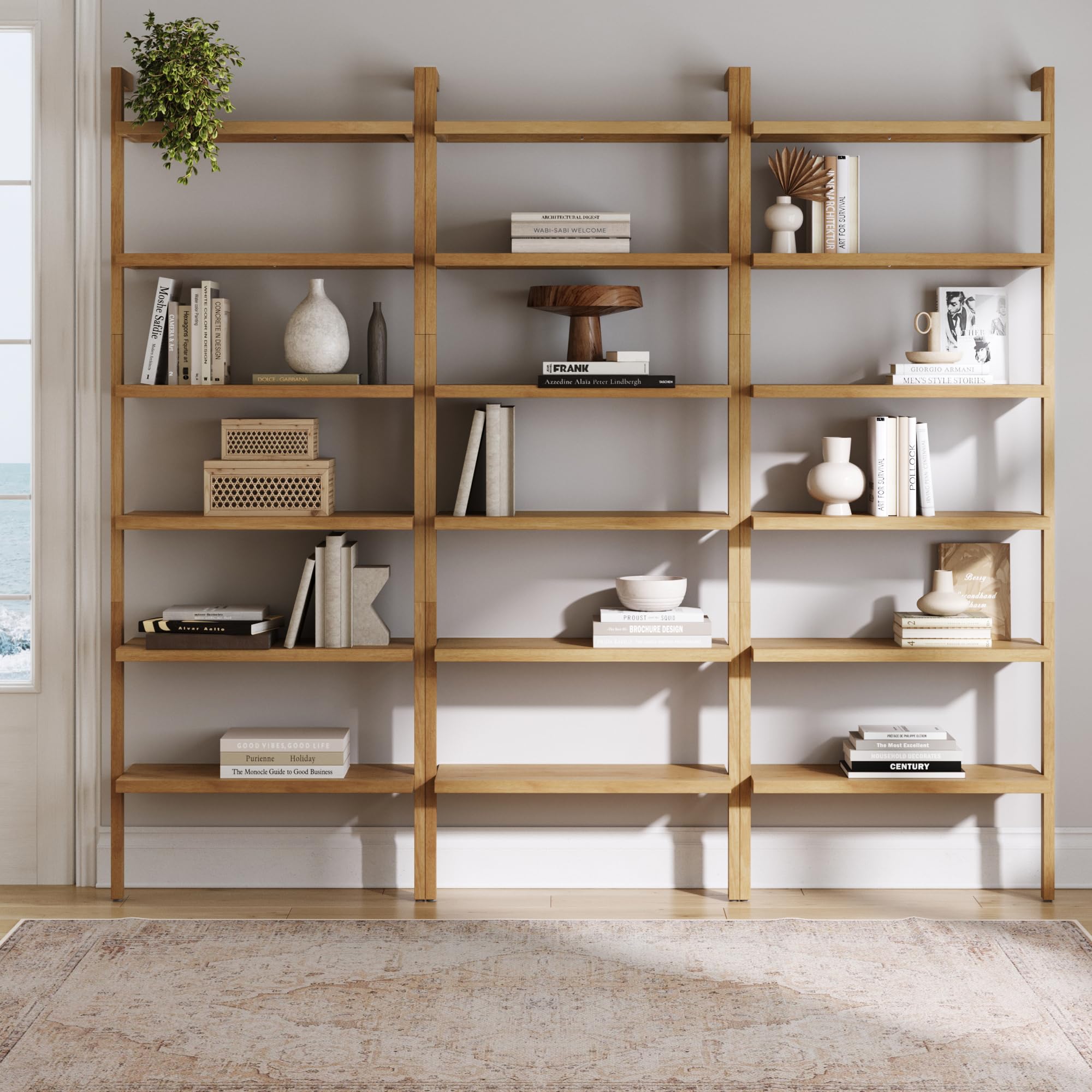 5-Tier Warm Pine Solid Wood Wall Mounted Bohemian Bookshelf