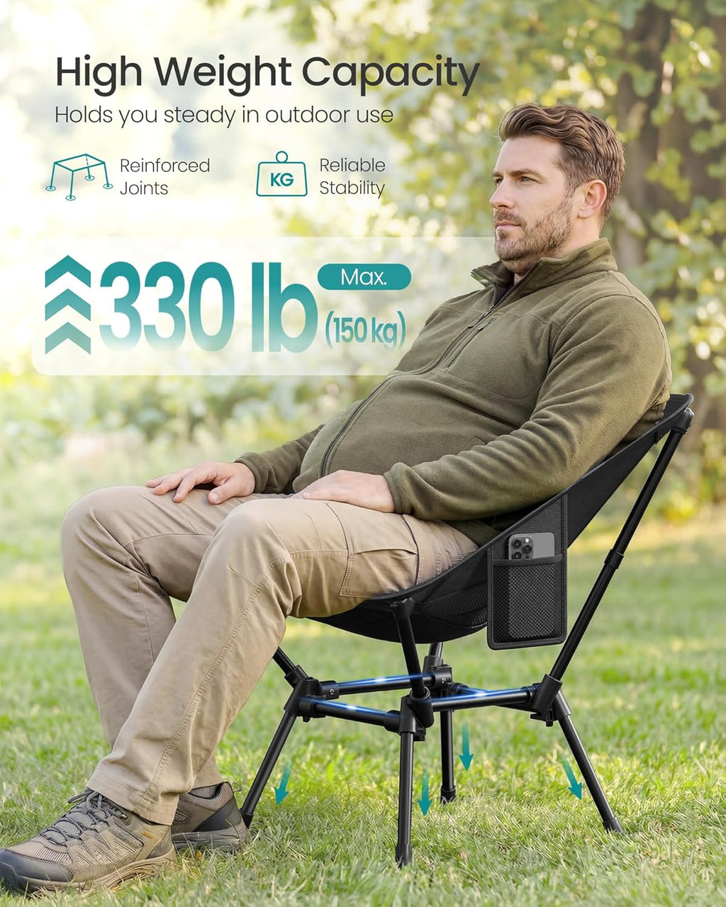 SONGMICS Camping Chair, Lightweight Folding Beach Chair, Adjustable Height, Steel Frame, Portable for Outdoor Travel