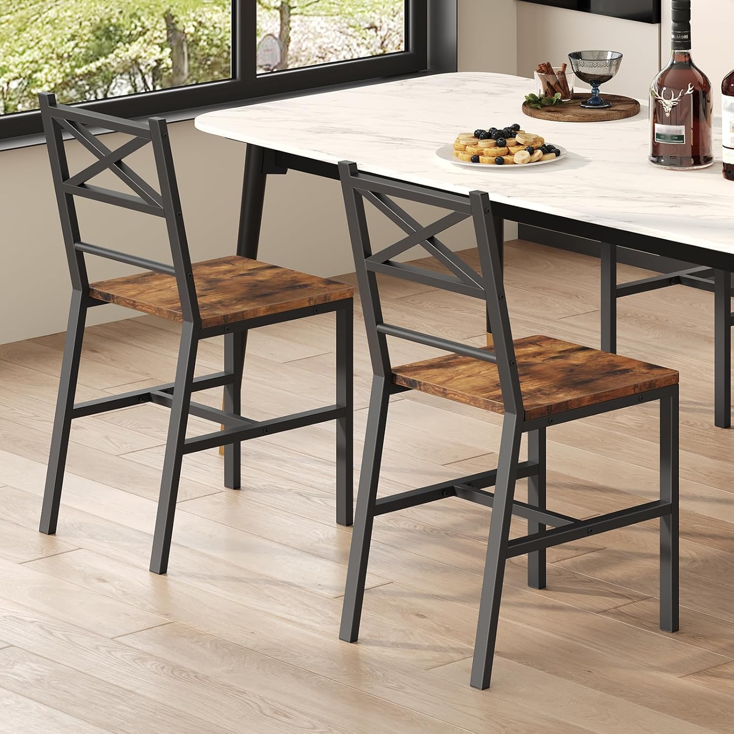 MAHANCRIS Dining Chair Set of 2, Rustic Wooden Kitchen Chairs with Backrest, Farmhouse Dining Chairs for Kitchen, Industrial Style Chair with Metal Frame, Easy Assembly, Rustic Brown TBHR1001
