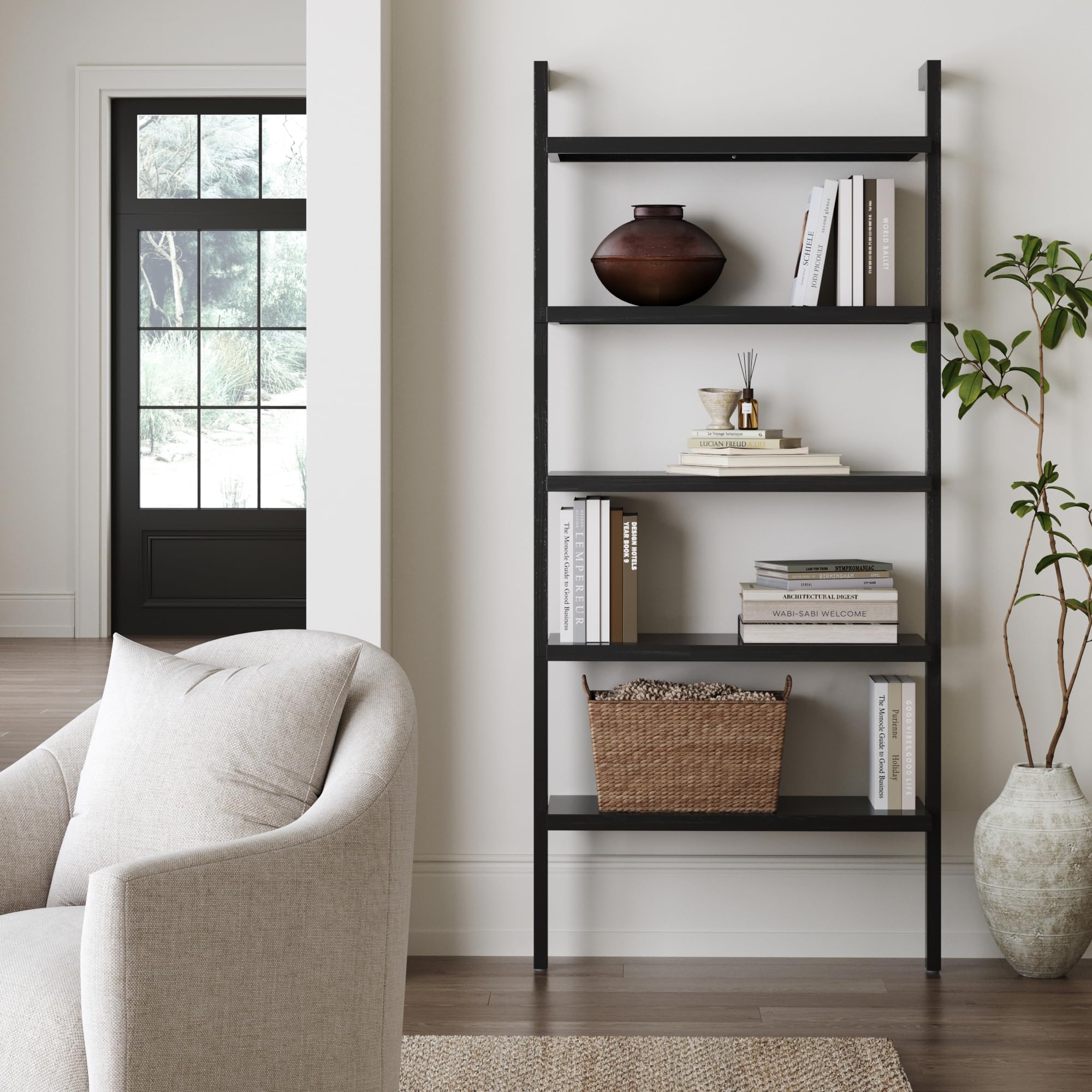 5-Tier Warm Pine Solid Wood Wall Mounted Bohemian Bookshelf