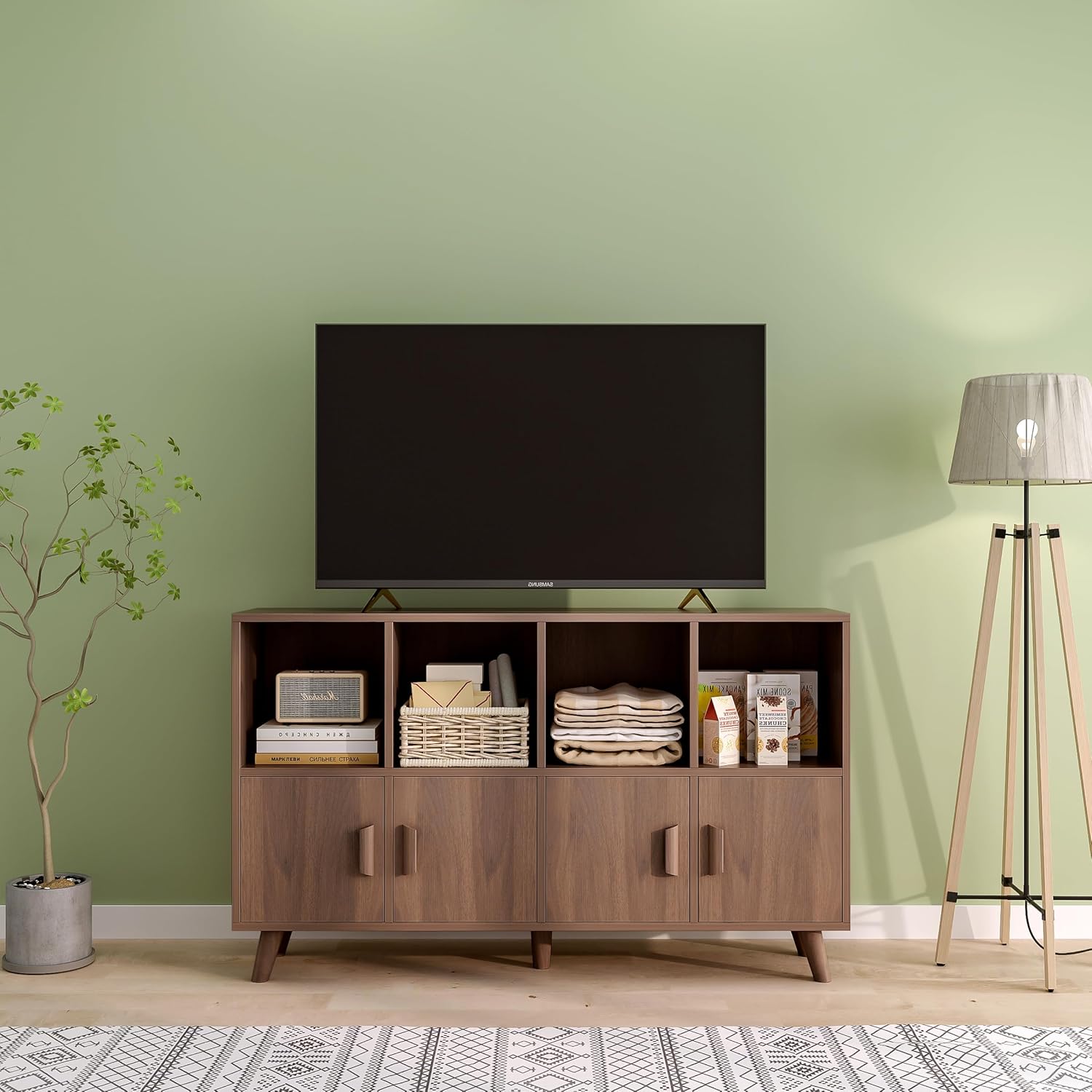 OSCHF Cubby Shelf Bookcase with Doors - Wooden 8 Cubes Floor Standing Open Bookshelf with Solid Wood Legs, 2-Tier Low Storage Cabinet, Walnut