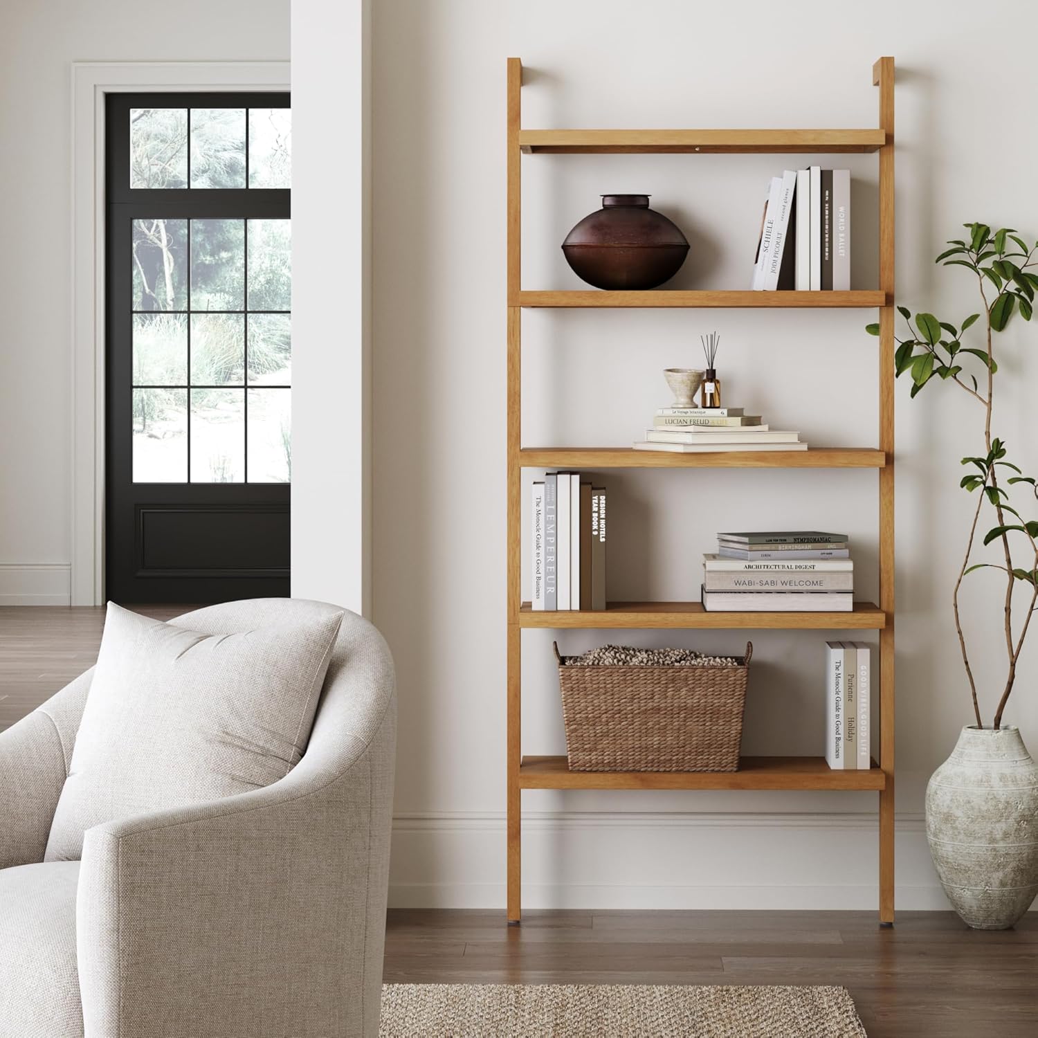 5-Tier Warm Pine Solid Wood Wall Mounted Bohemian Bookshelf