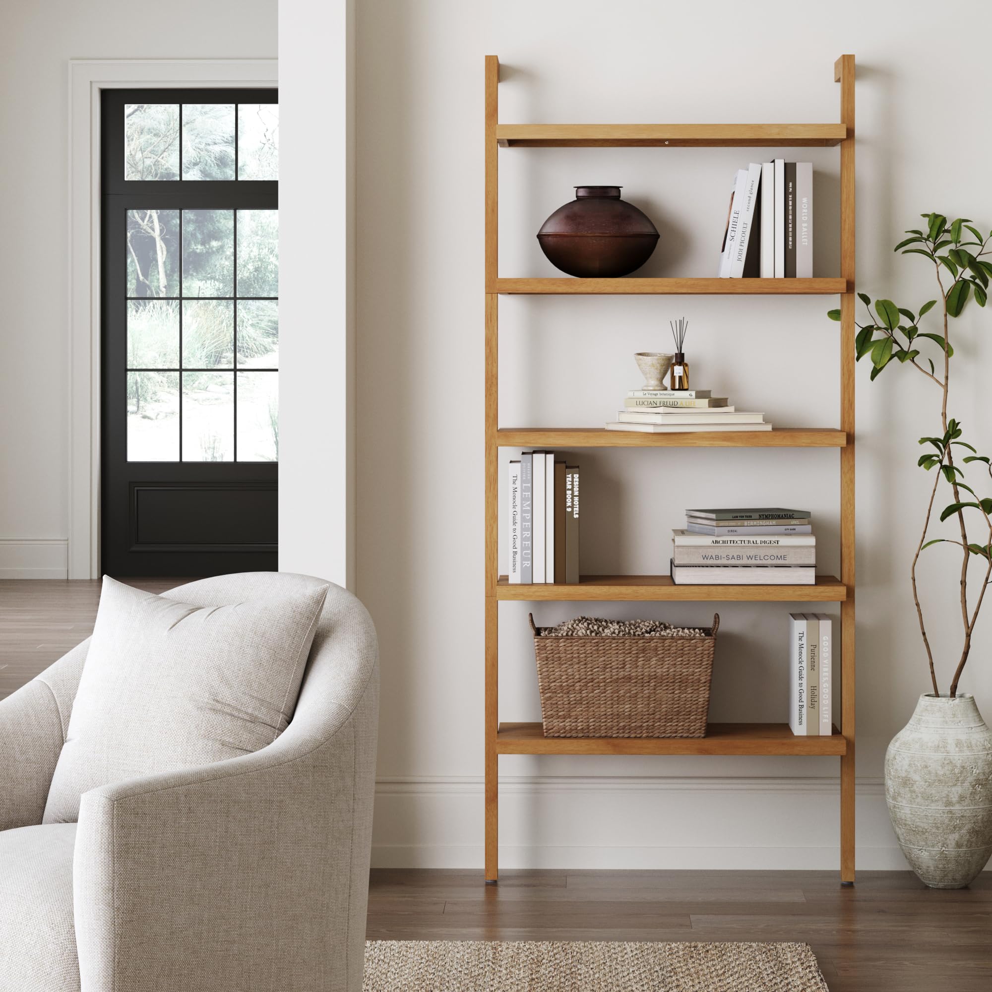 5-Tier Warm Pine Solid Wood Wall Mounted Bohemian Bookshelf