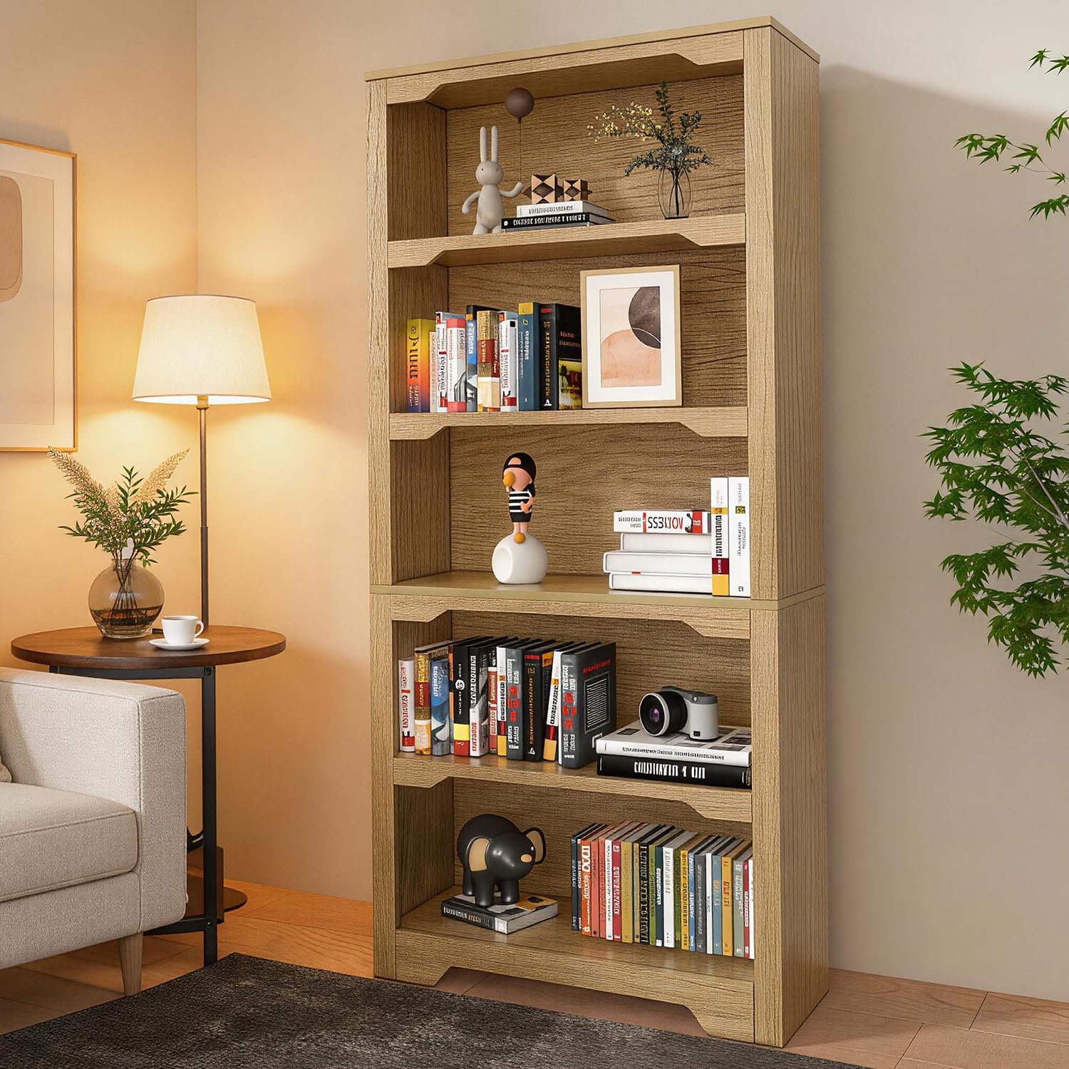 5-Tier Open Bookshelf, Modern Floor-Standing Wood Bookcase in White Oak Finish, Eco-Friendly Malacca Board Storage Display Shelves for Living Room and Home Office