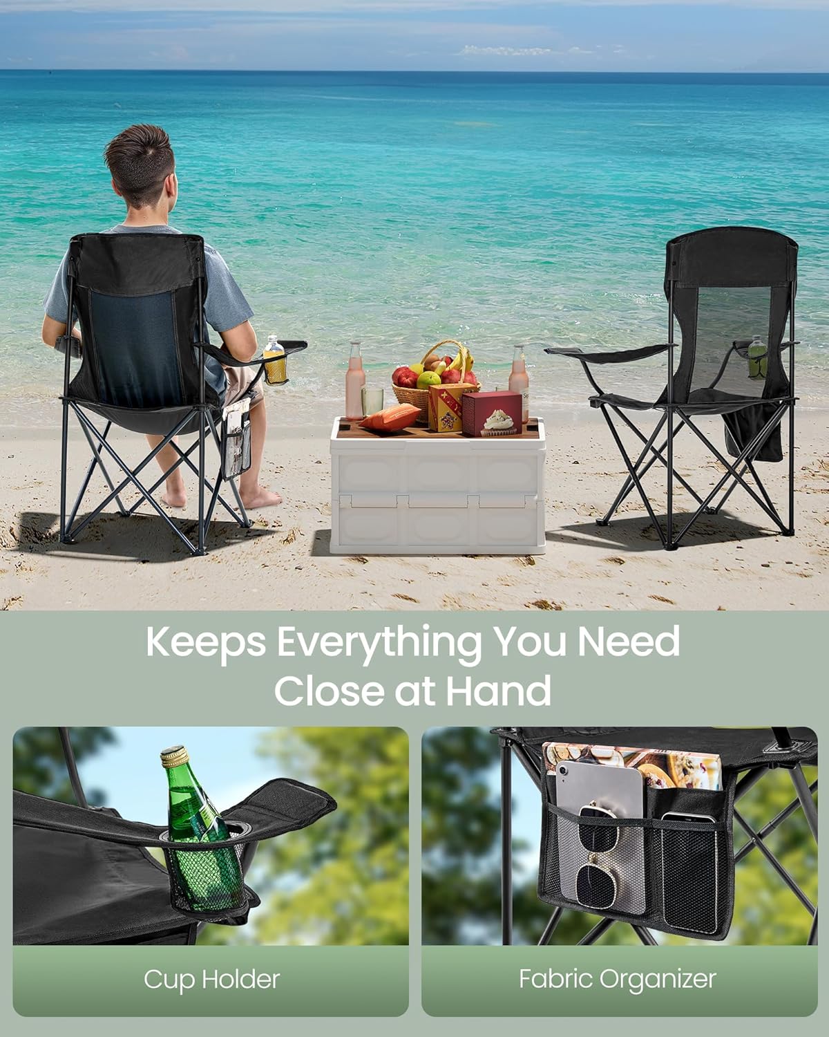 Set of 2 Black Foldable High Back Camping Chairs 330LB with Cup Holder