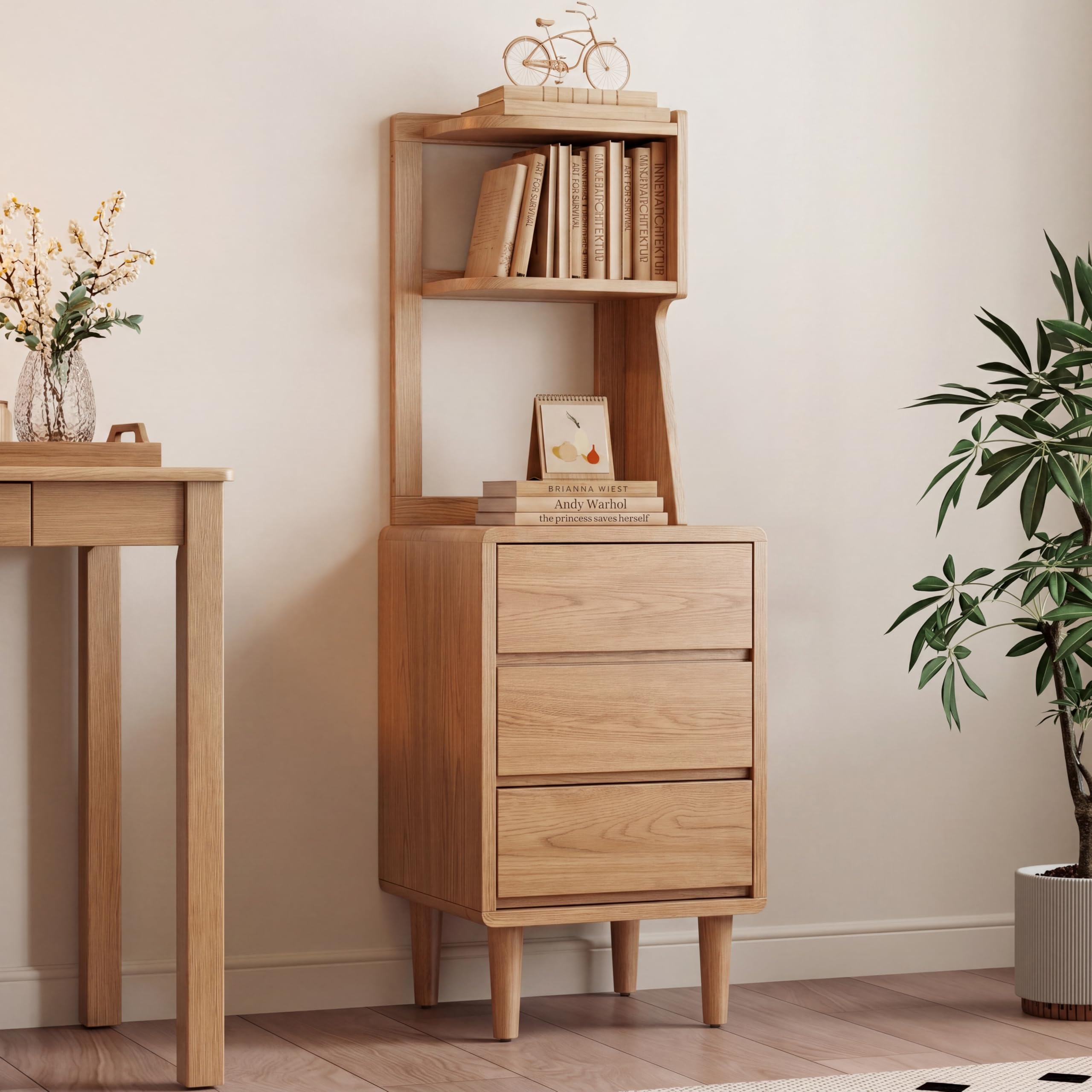 Solid Wood Bookshelf with Drawers,Narrow bookcase with Storage Shelves,Tall Nightstand with Drawers,Mid Century Modern Nightstand,Open Shelf Bookcase,Small Book Shelf for Bedroom,Living Room,Offices