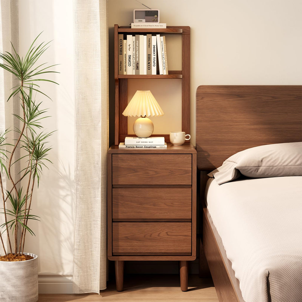 Solid Wood Bookshelf with Drawers,Narrow bookcase with Storage Shelves,Tall Nightstand with Drawers,Mid Century Modern Nightstand,Open Shelf Bookcase,Small Book Shelf for Bedroom,Living Room,Offices