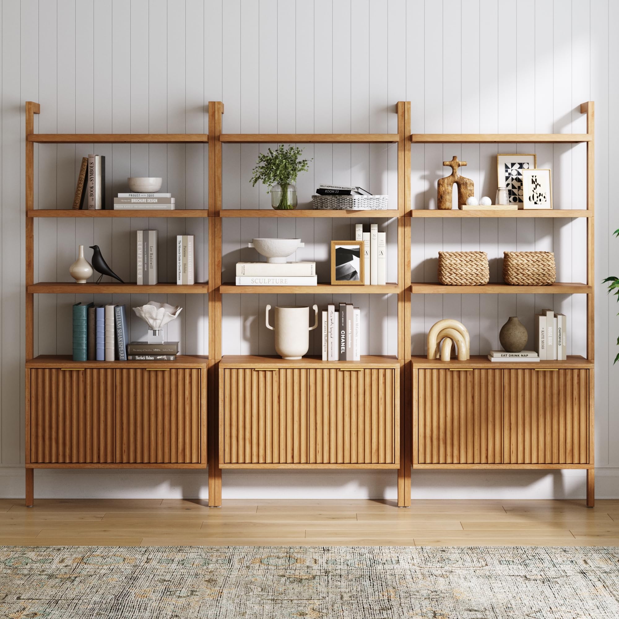 5-Tier Warm Pine Solid Wood Wall Mounted Bohemian Bookshelf
