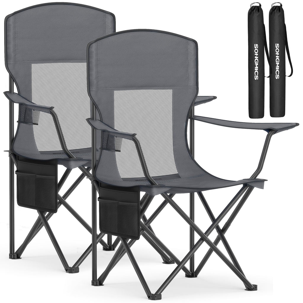 Set of 2 Black Foldable High Back Camping Chairs 330LB with Cup Holder