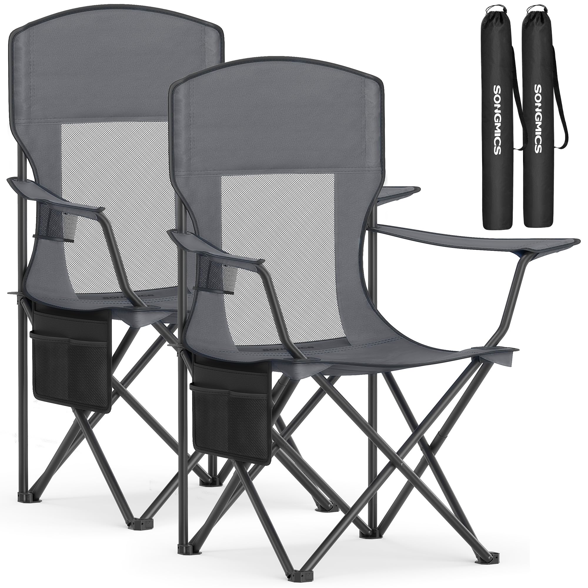 Set of 2 Black Foldable High Back Camping Chairs 330LB with Cup Holder