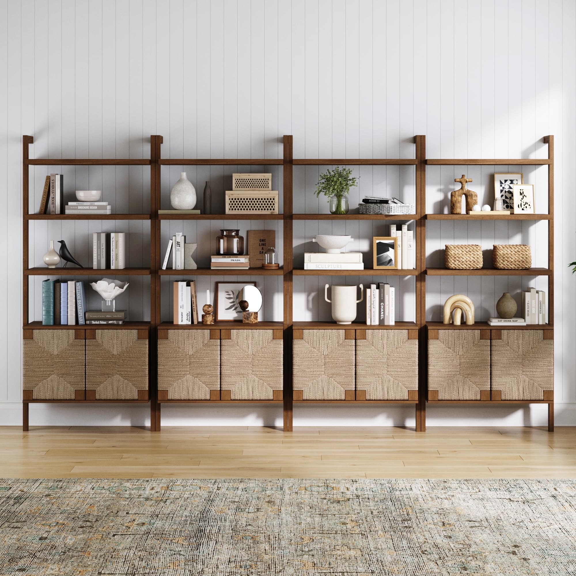 5-Tier Warm Pine Solid Wood Wall Mounted Bohemian Bookshelf