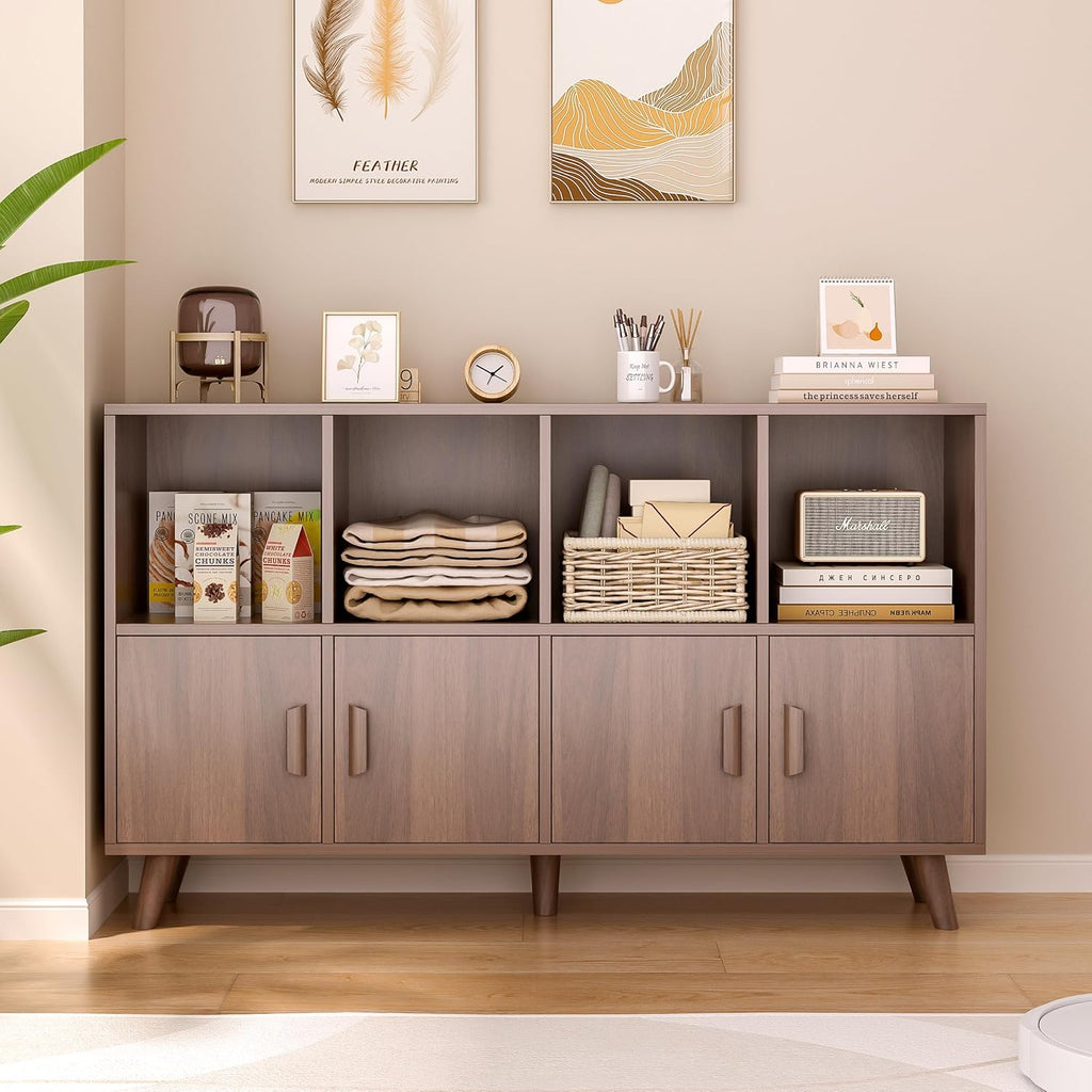 OSCHF Cubby Shelf Bookcase with Doors - Wooden 8 Cubes Floor Standing Open Bookshelf with Solid Wood Legs, 2-Tier Low Storage Cabinet, Walnut