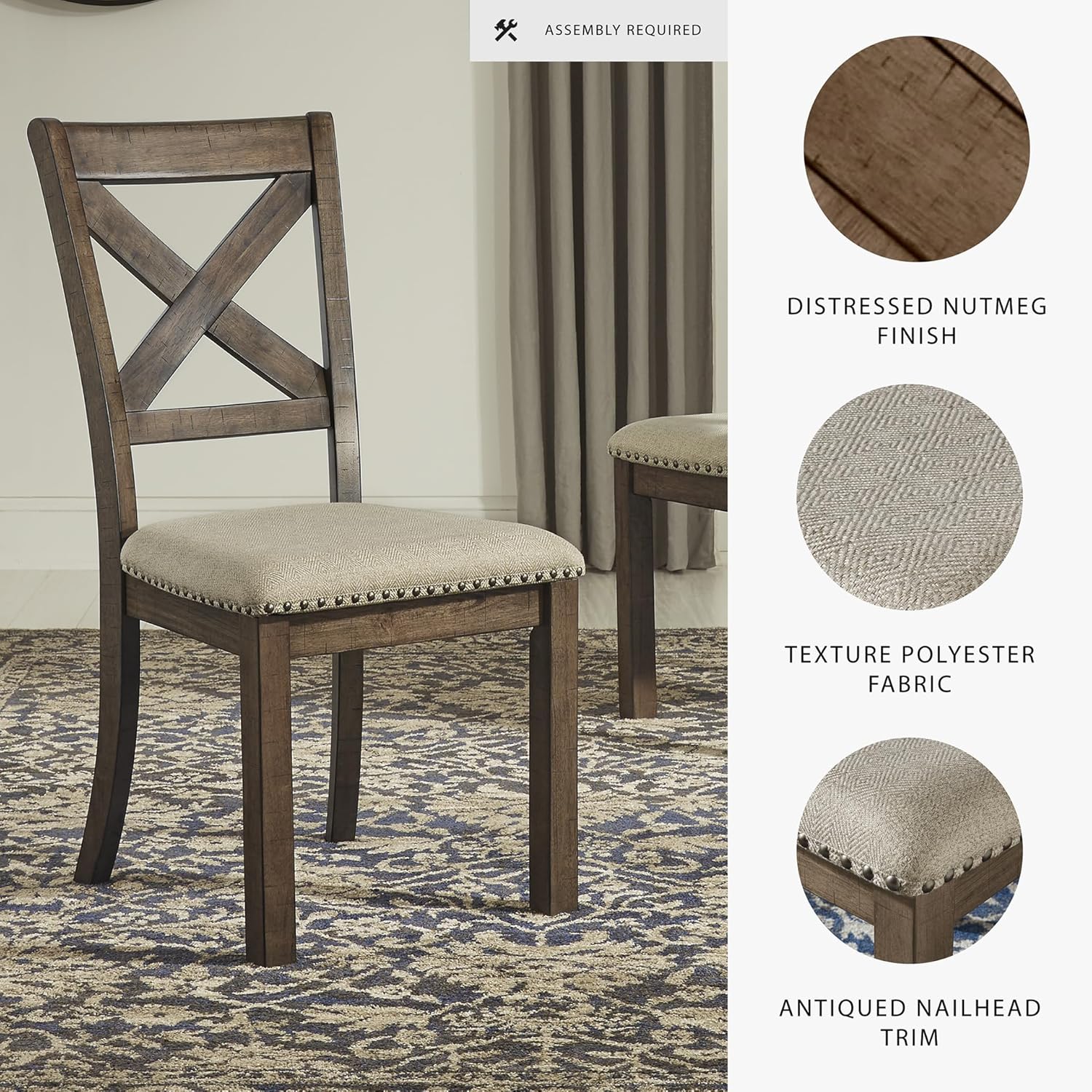 Set of 2 Brown Upholstered Farmhouse Dining Chairs, 19 Inch