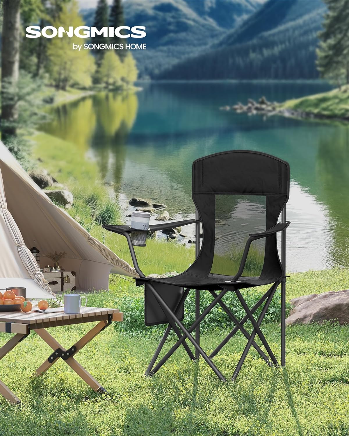 Set of 2 Black Foldable High Back Camping Chairs 330LB with Cup Holder
