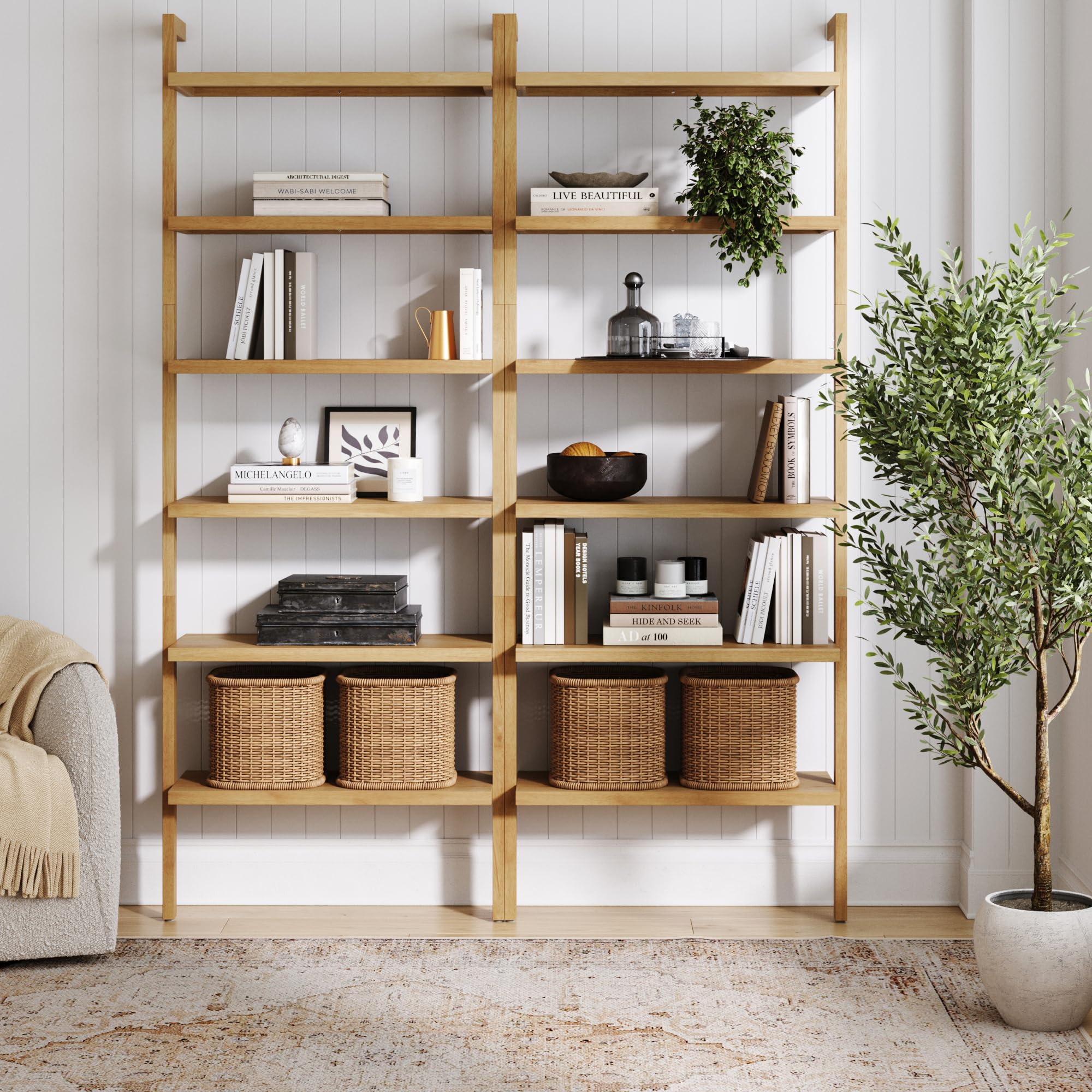 5-Tier Warm Pine Solid Wood Wall Mounted Bohemian Bookshelf