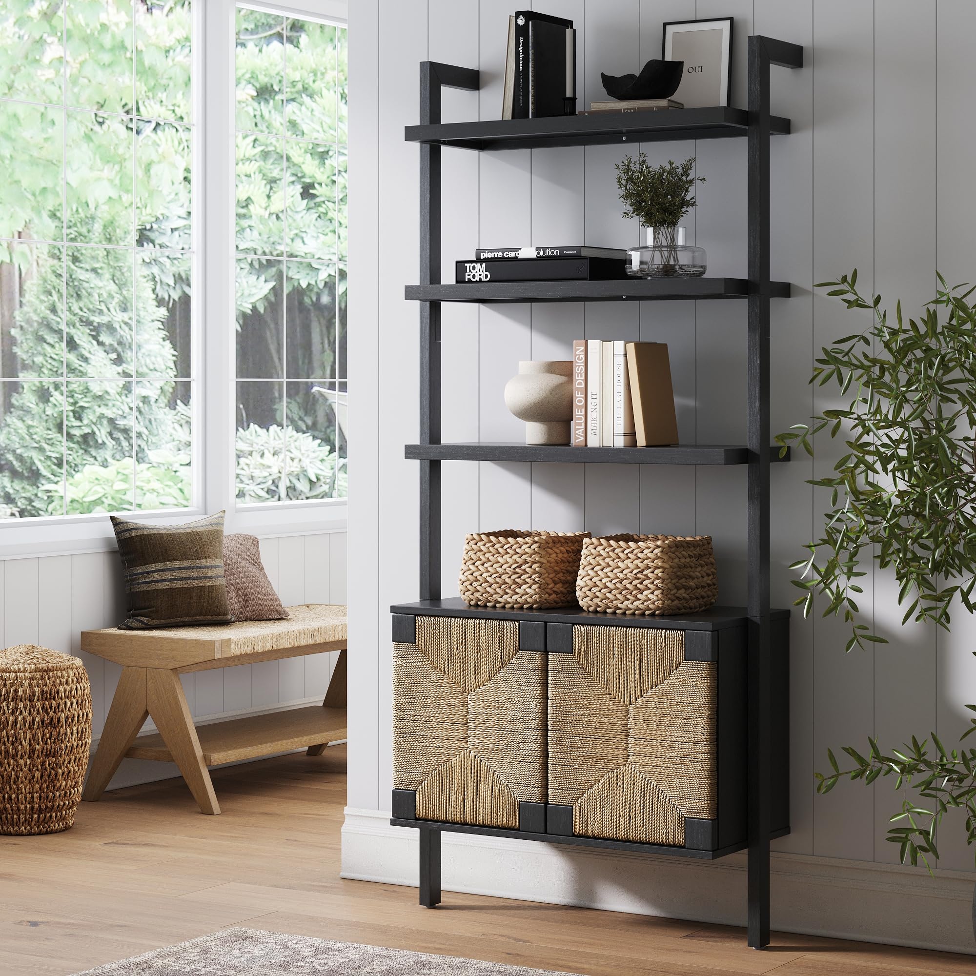 5-Tier Warm Pine Solid Wood Wall Mounted Bohemian Bookshelf