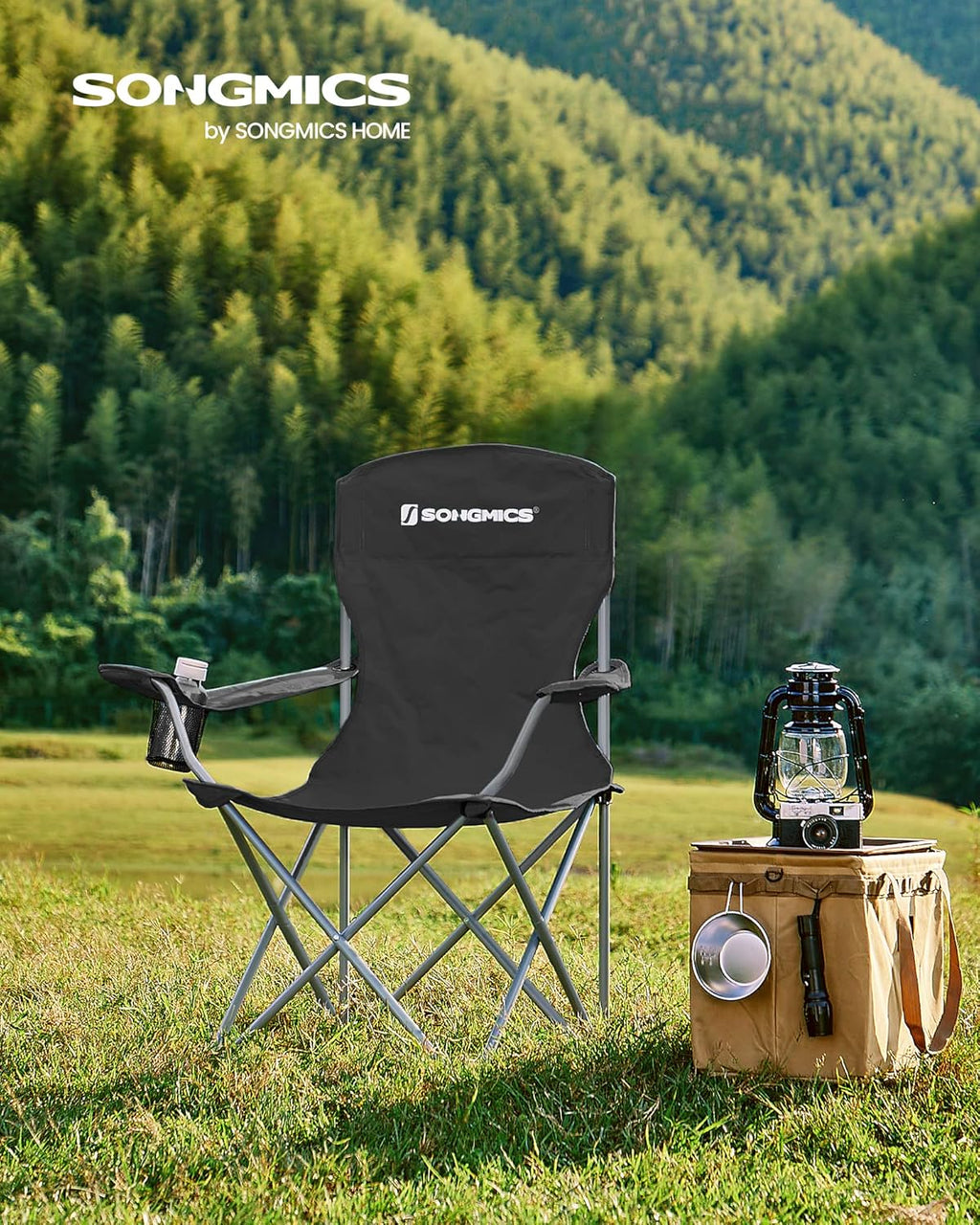 SONGMICS 2 Pack Folding Camping Chairs, 330 lb Capacity Folding Lawn Chairs, with Cup Holder, Heavy Duty Structure, for Garden, Fishing, Terrace, Black UGCB08BK