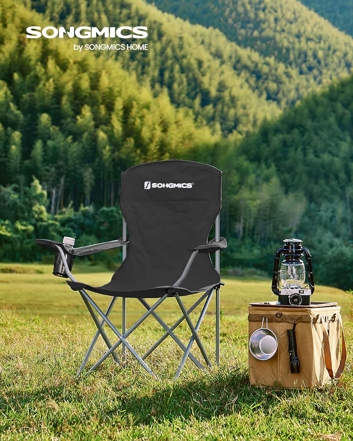 SONGMICS 2 Pack Folding Camping Chairs, 330 lb Capacity Folding Lawn Chairs, with Cup Holder, Heavy Duty Structure, for Garden, Fishing, Terrace, Black UGCB08BK